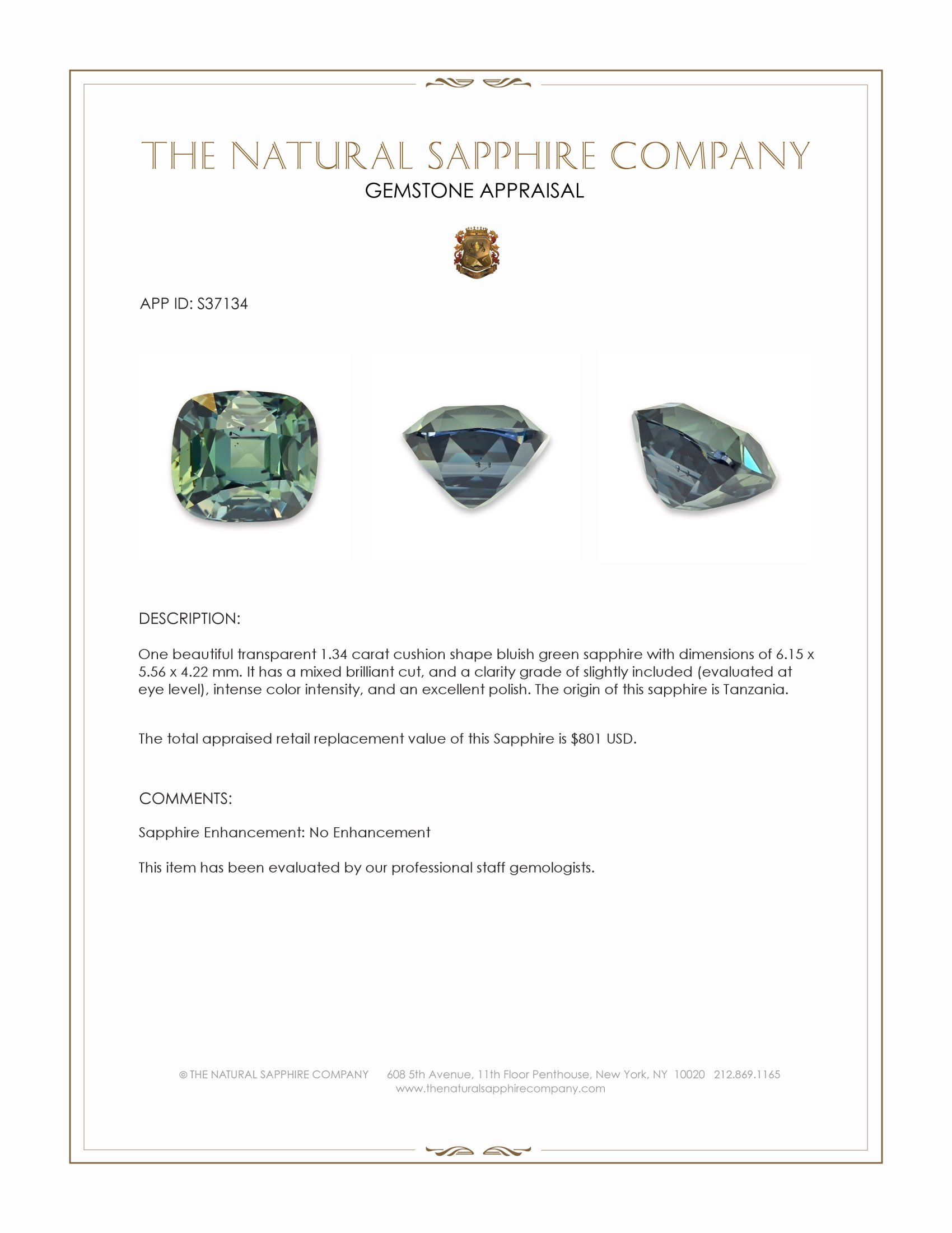 1.34 Ct. Bluish Green Sapphire from Tanzania