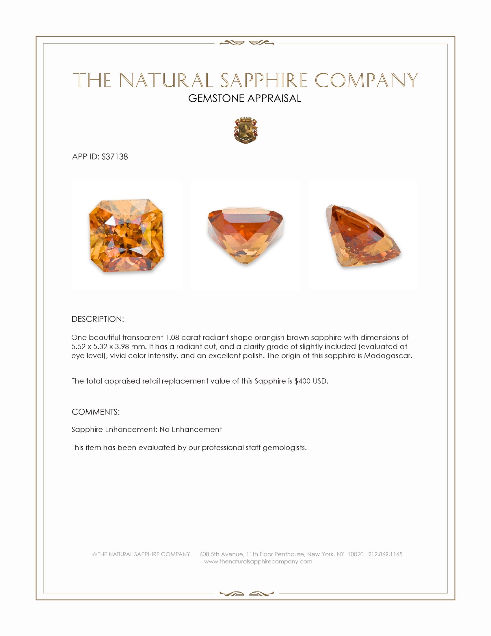 1.08 Ct. Orangish Brown Sapphire from Madagascar