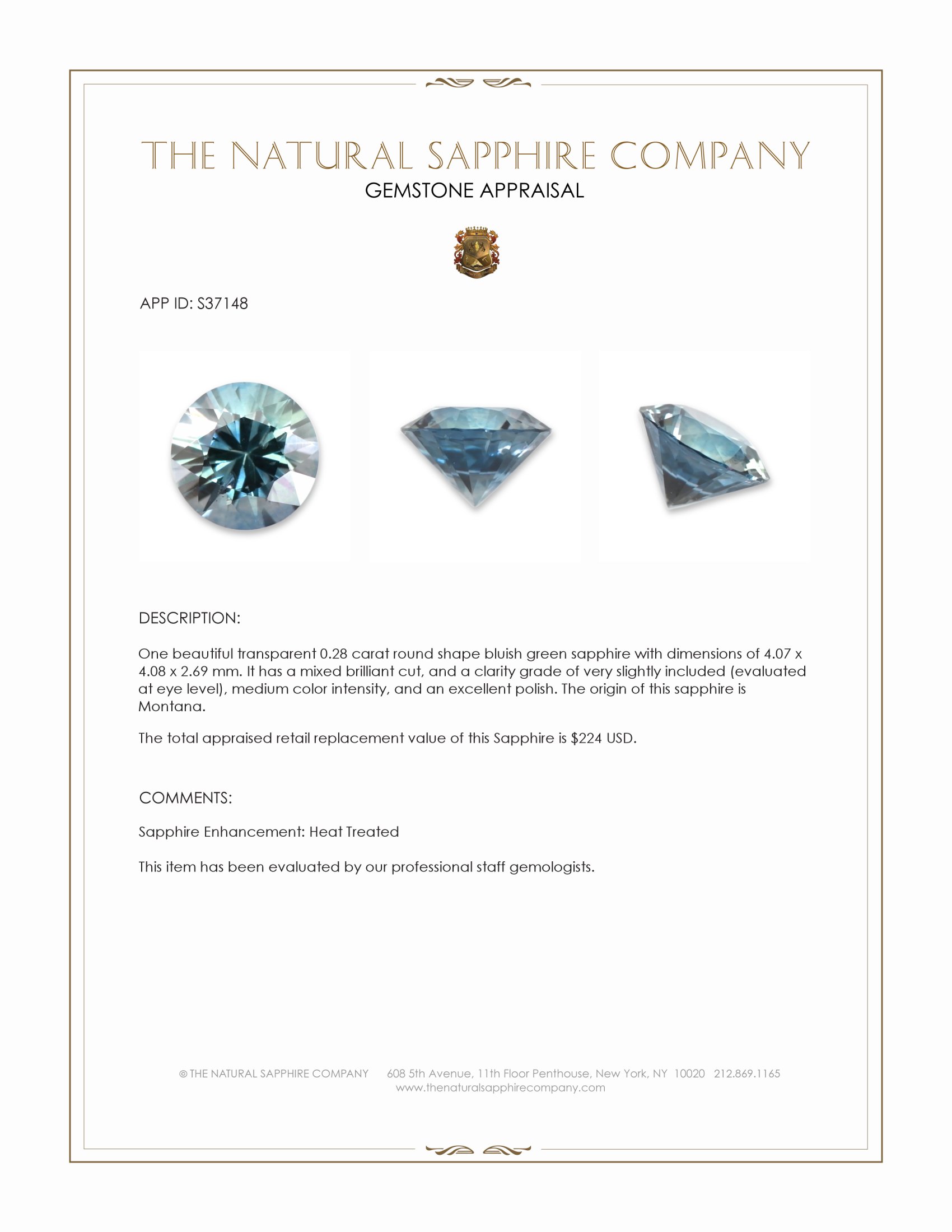 0.28 Ct. Bluish Green Sapphire from Montana