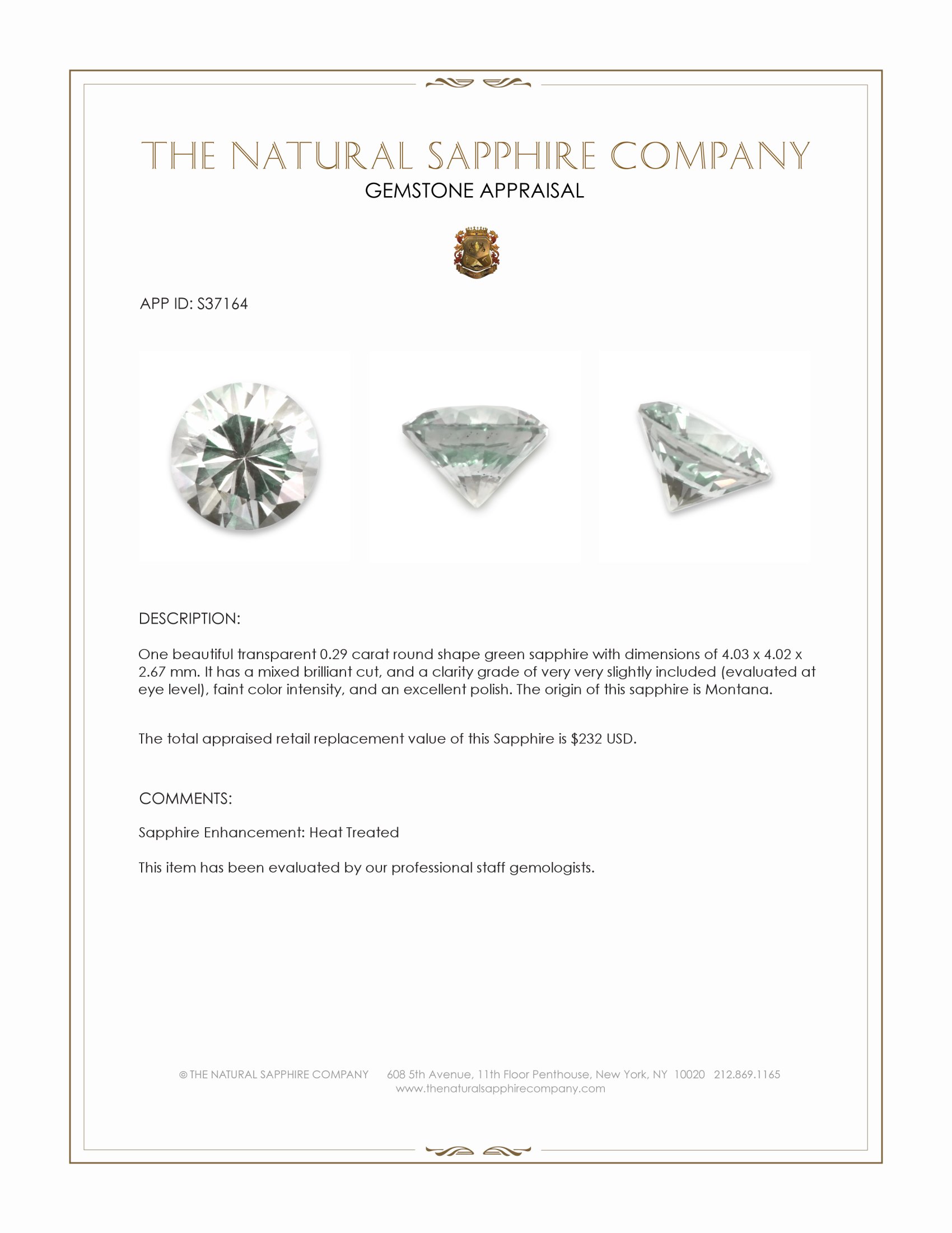 0.29 Ct. Green Sapphire from Montana