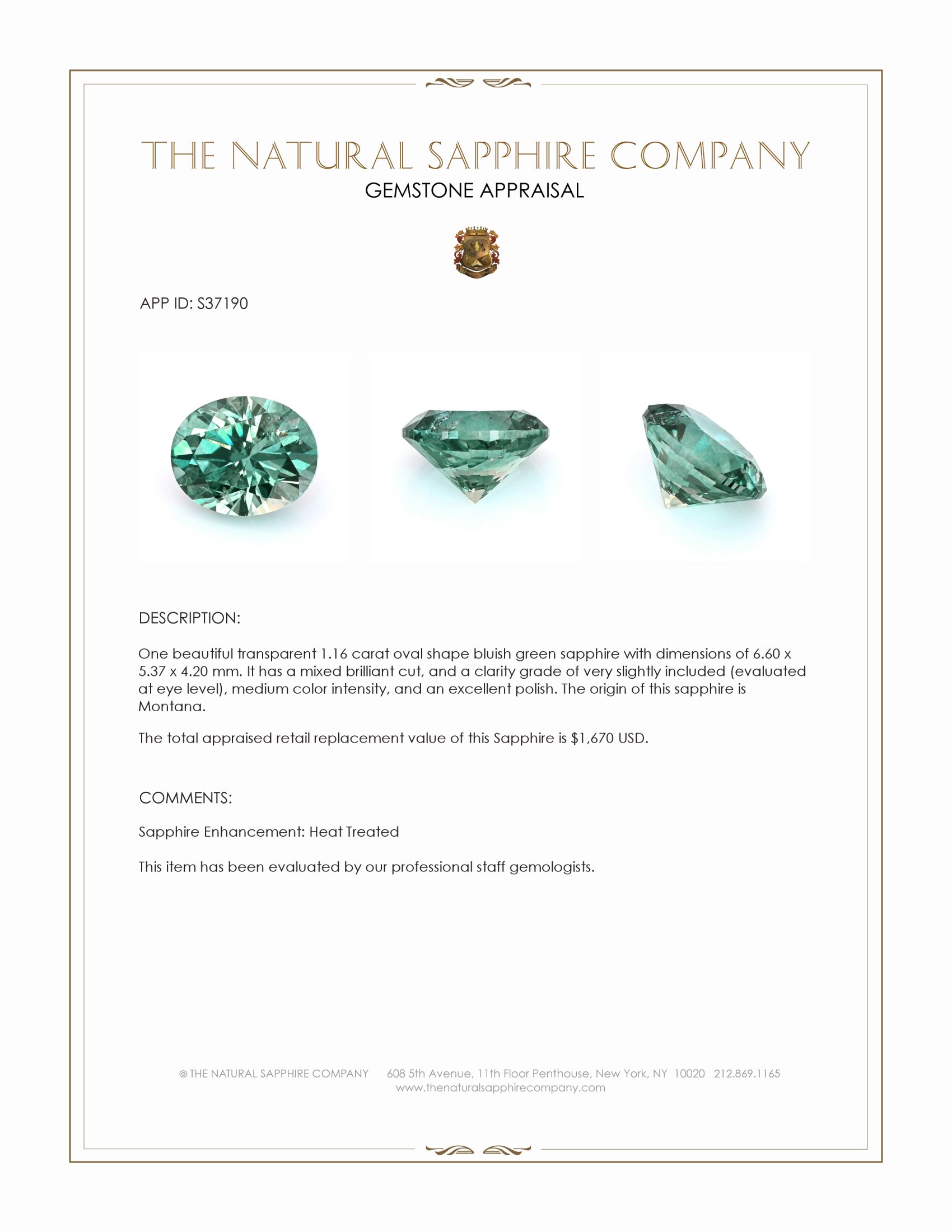 1.16 Ct. Bluish Green Sapphire from Montana
