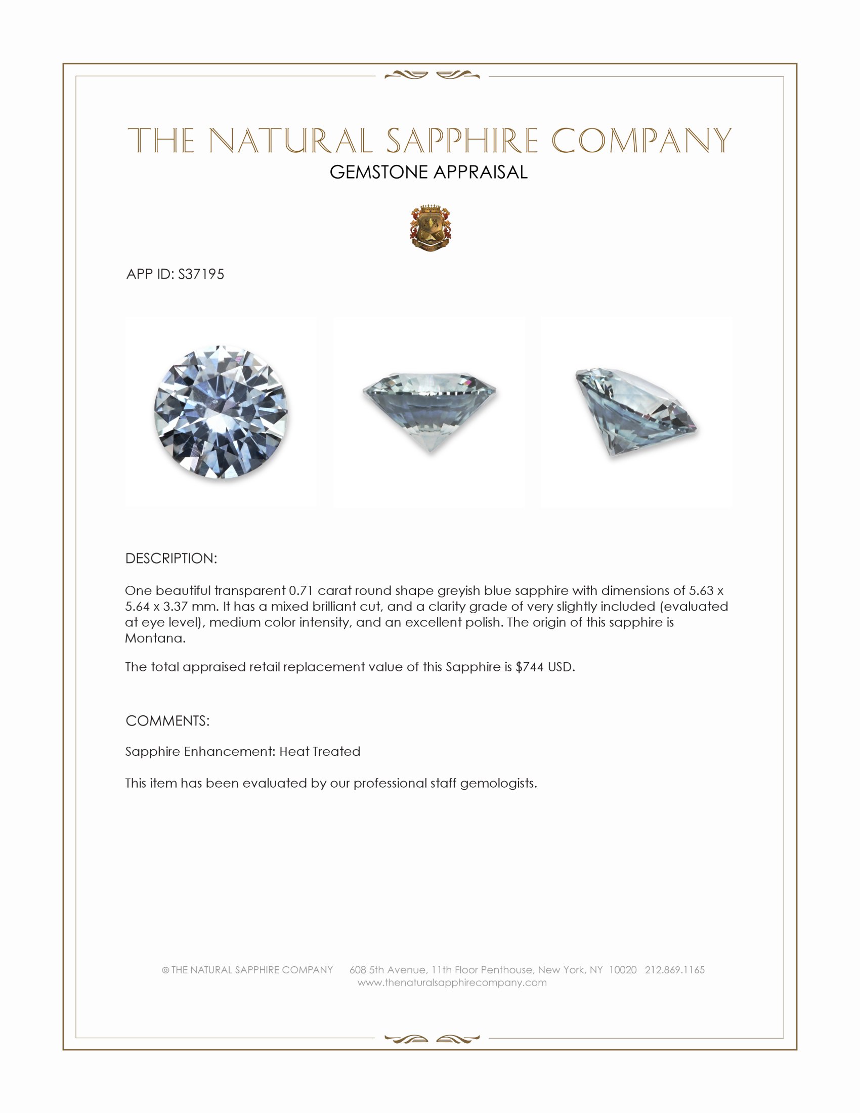0.71 Ct. Greyish Blue Sapphire from Montana