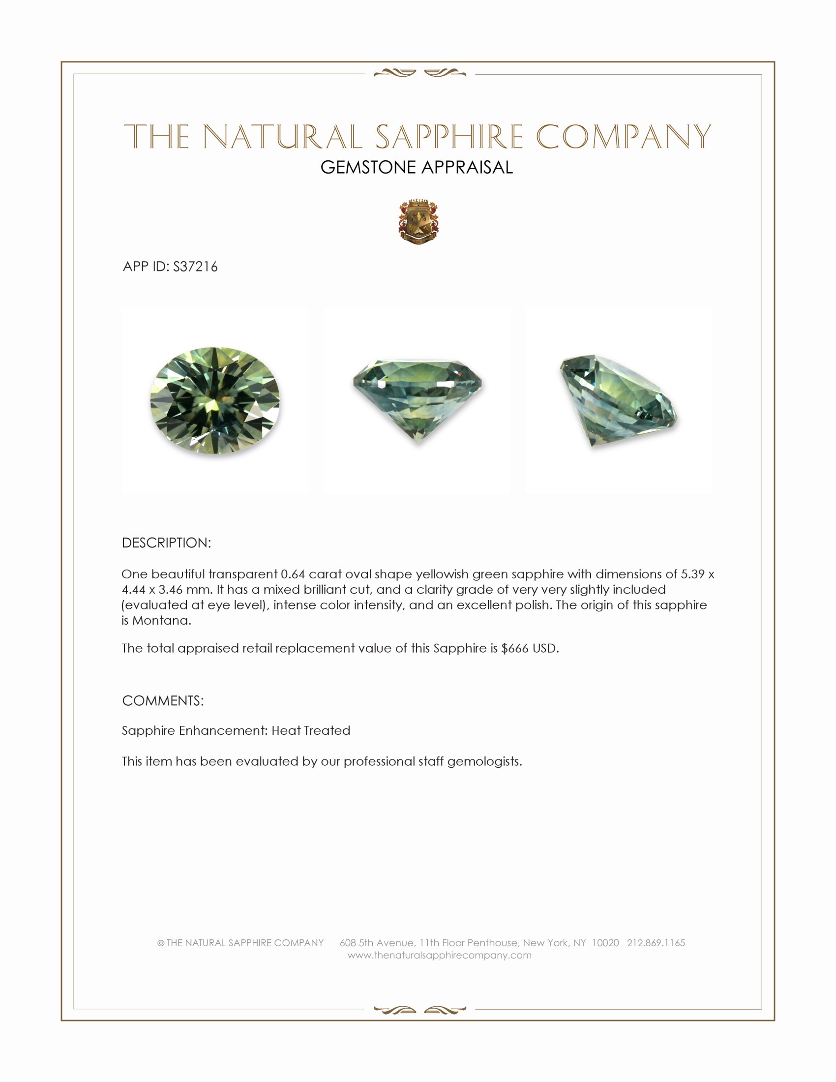 0.64 Ct. Yellowish Green Sapphire from Montana