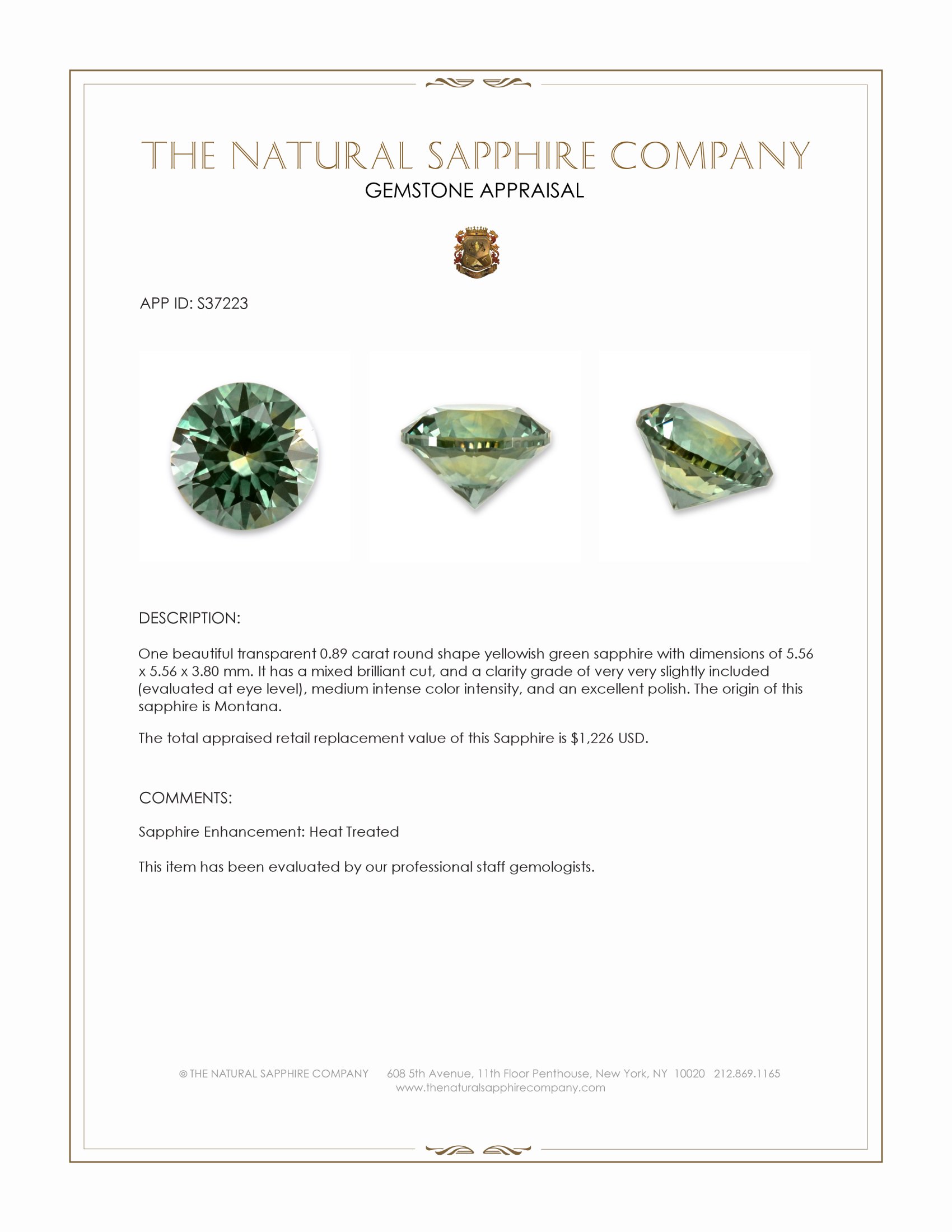 0.89 Ct. Yellowish Green Sapphire from Montana