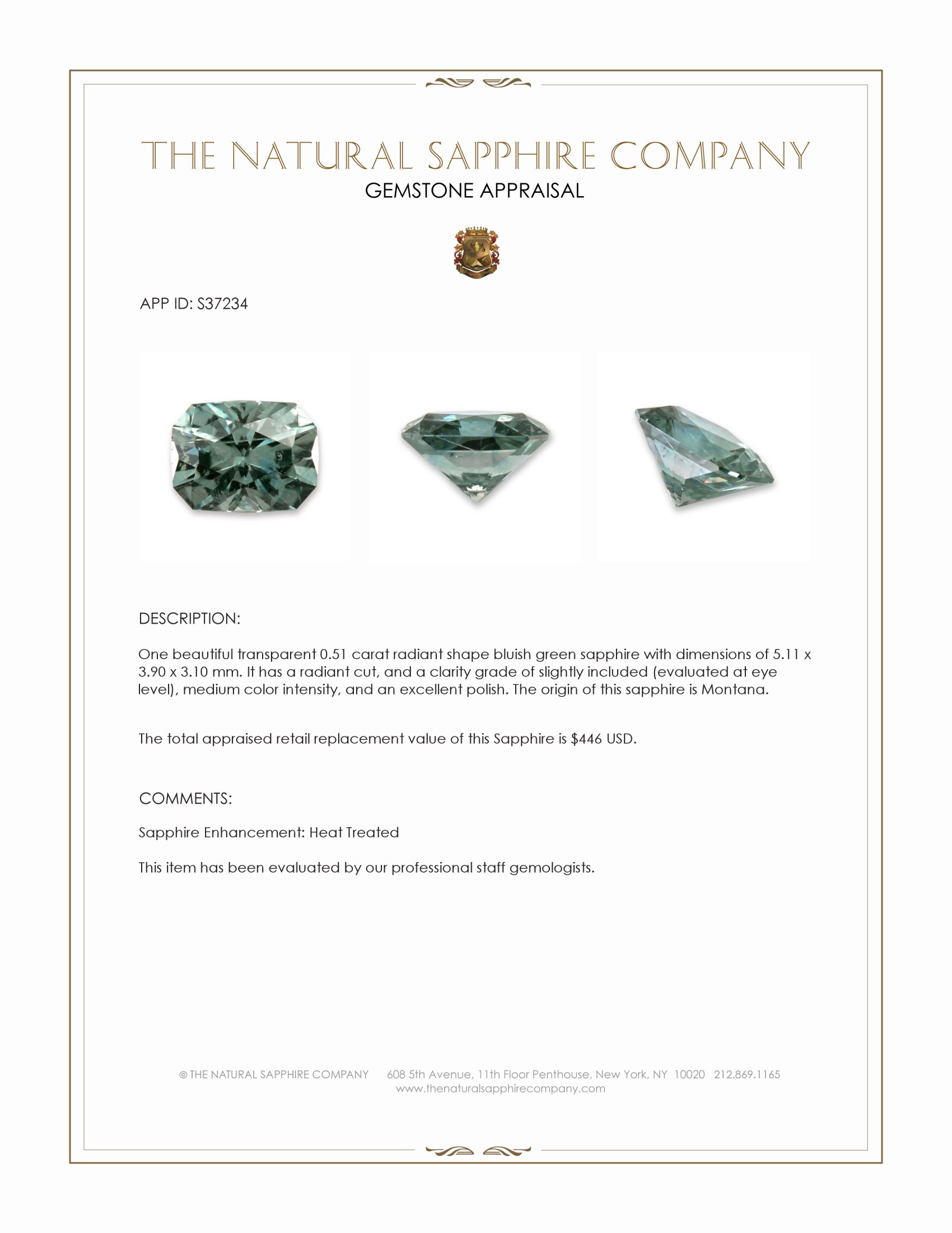 0.51 Ct. Bluish Green Sapphire from Montana