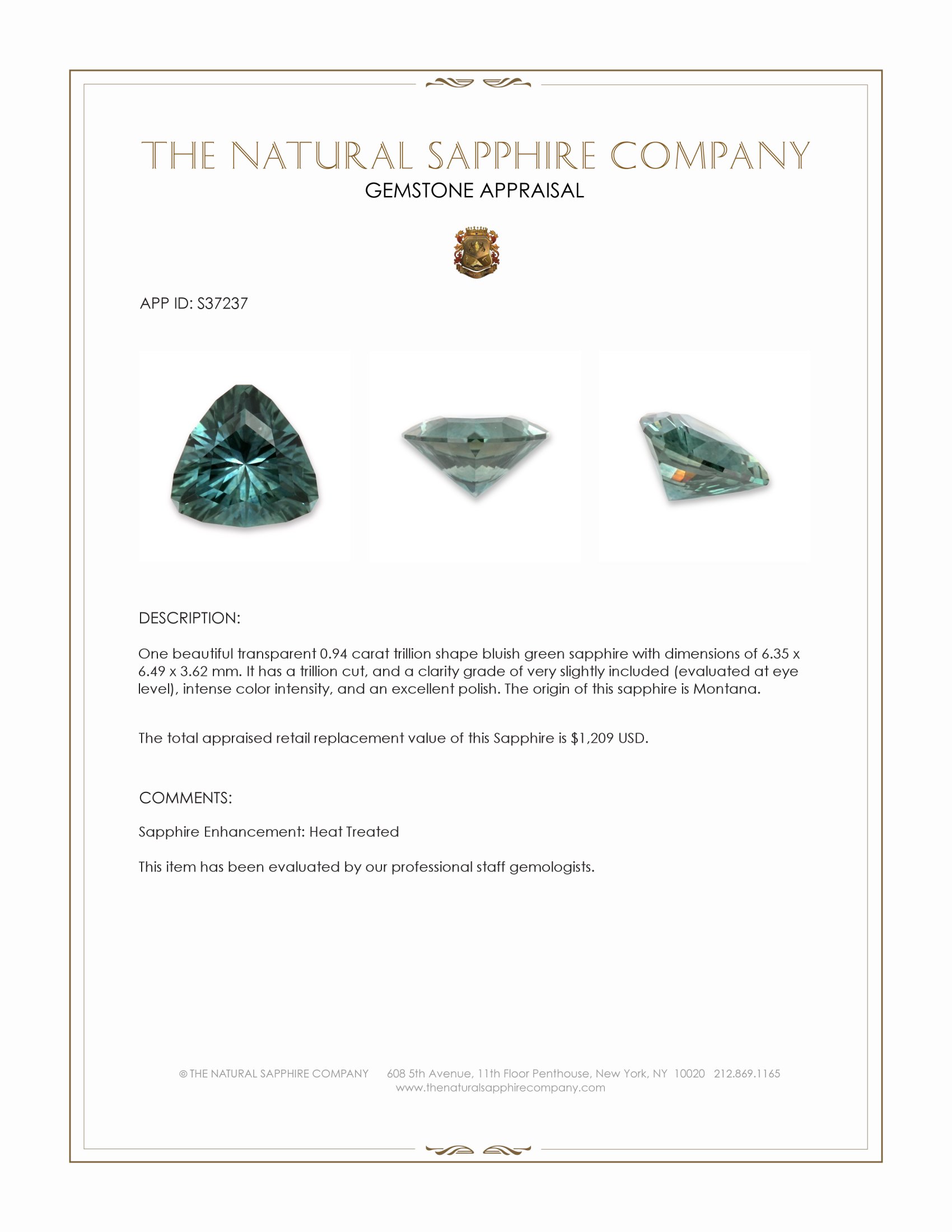 0.94 Ct. Bluish Green Sapphire from Montana