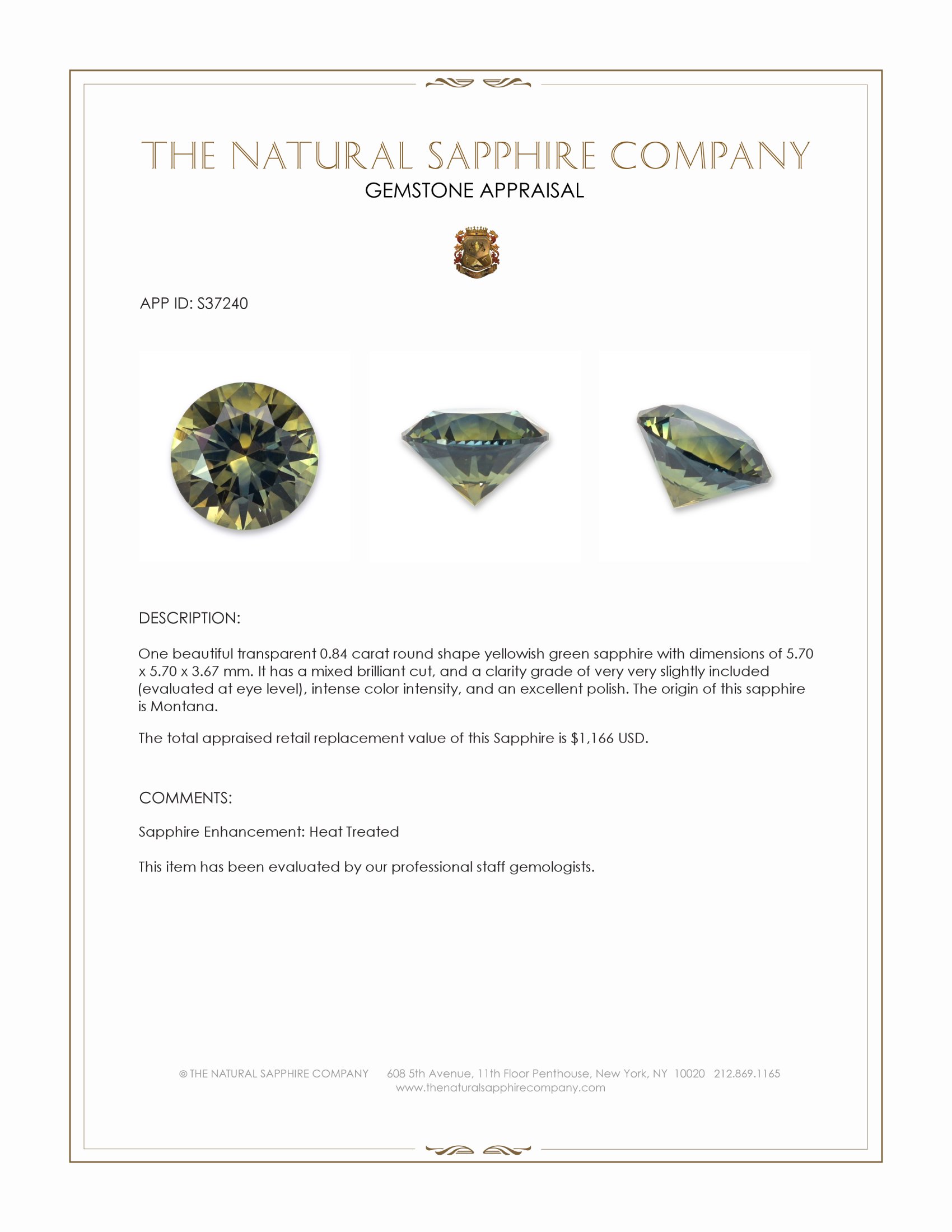 0.84 Ct. Yellowish Green Sapphire from Montana