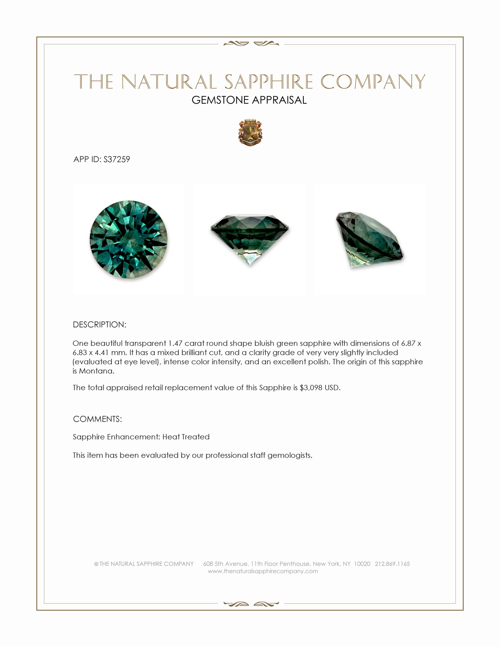 1.47 Ct. Bluish Green Sapphire from Montana