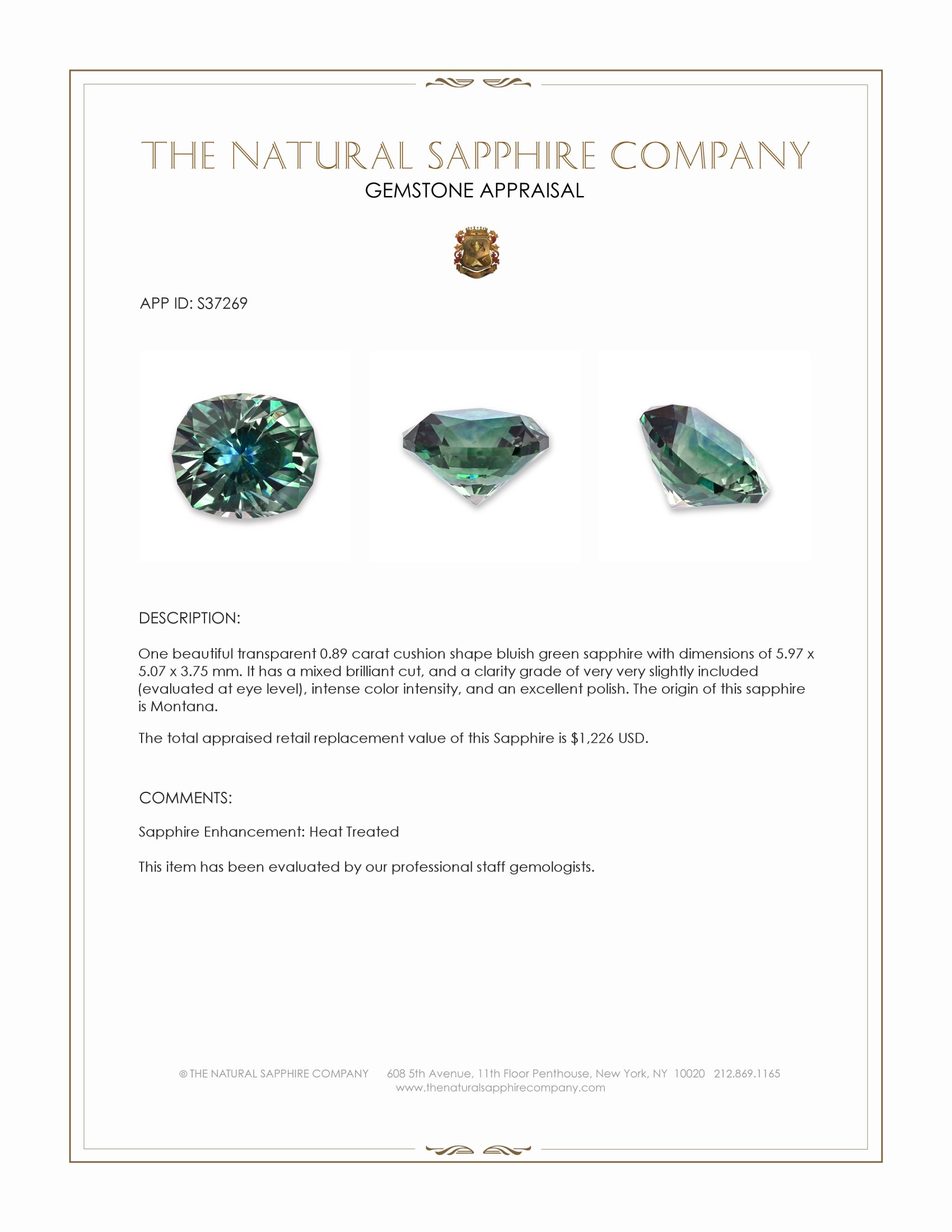 0.89 Ct. Bluish Green Sapphire from Montana