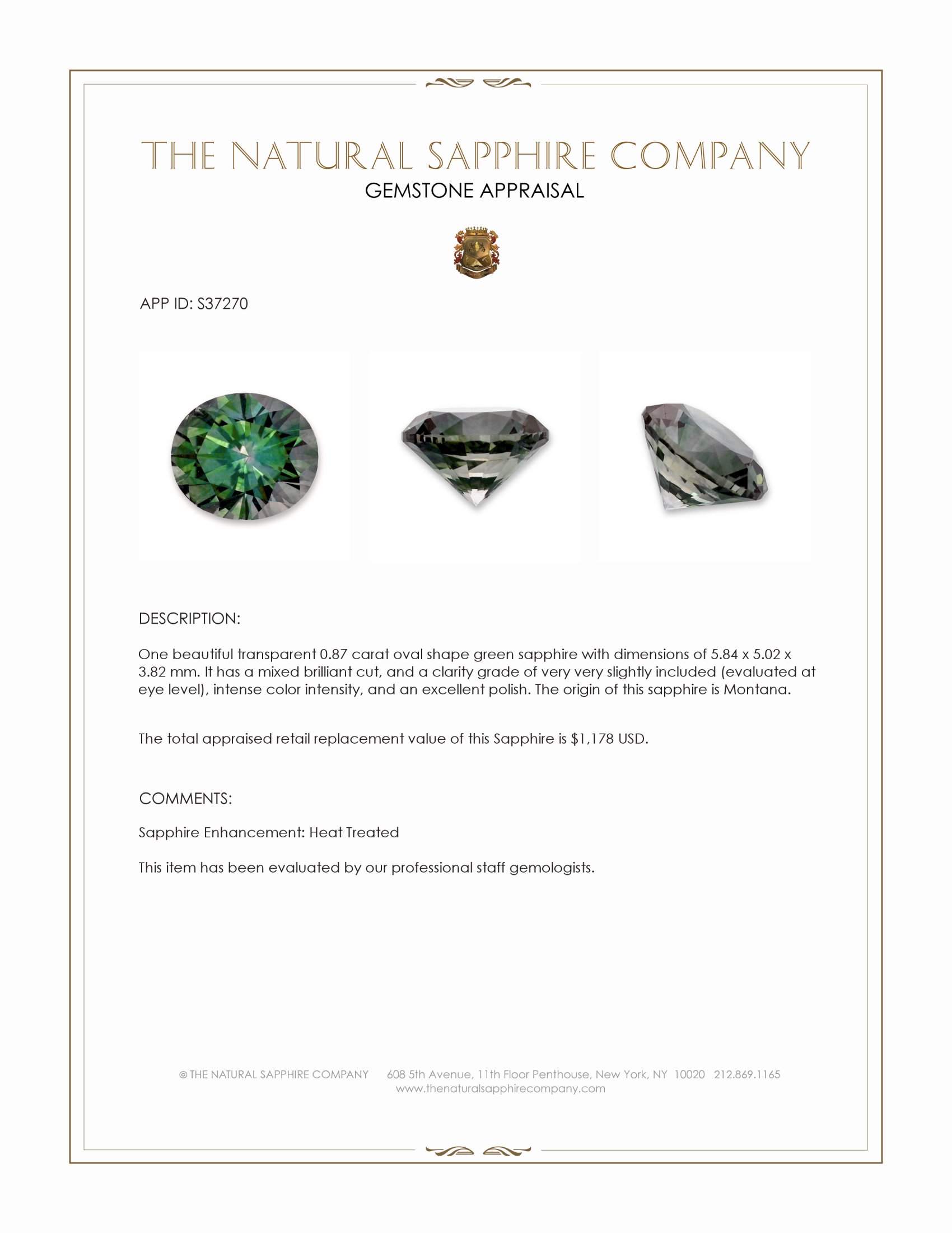 0.87 Ct. Bluish Green Sapphire from Montana