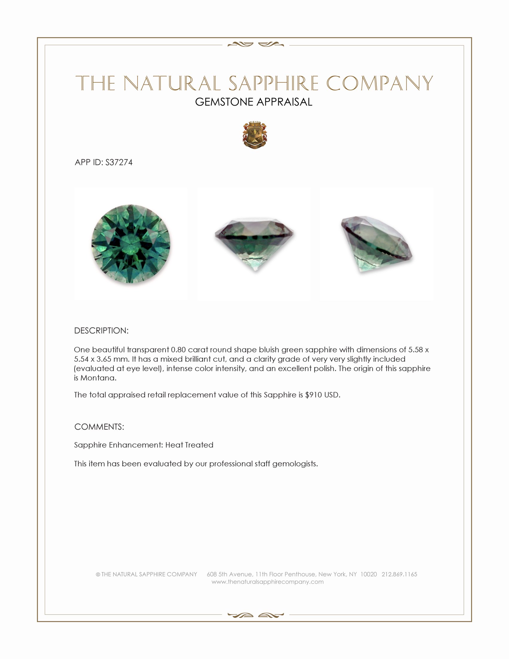 0.80 Ct. Bluish Green Sapphire from Montana