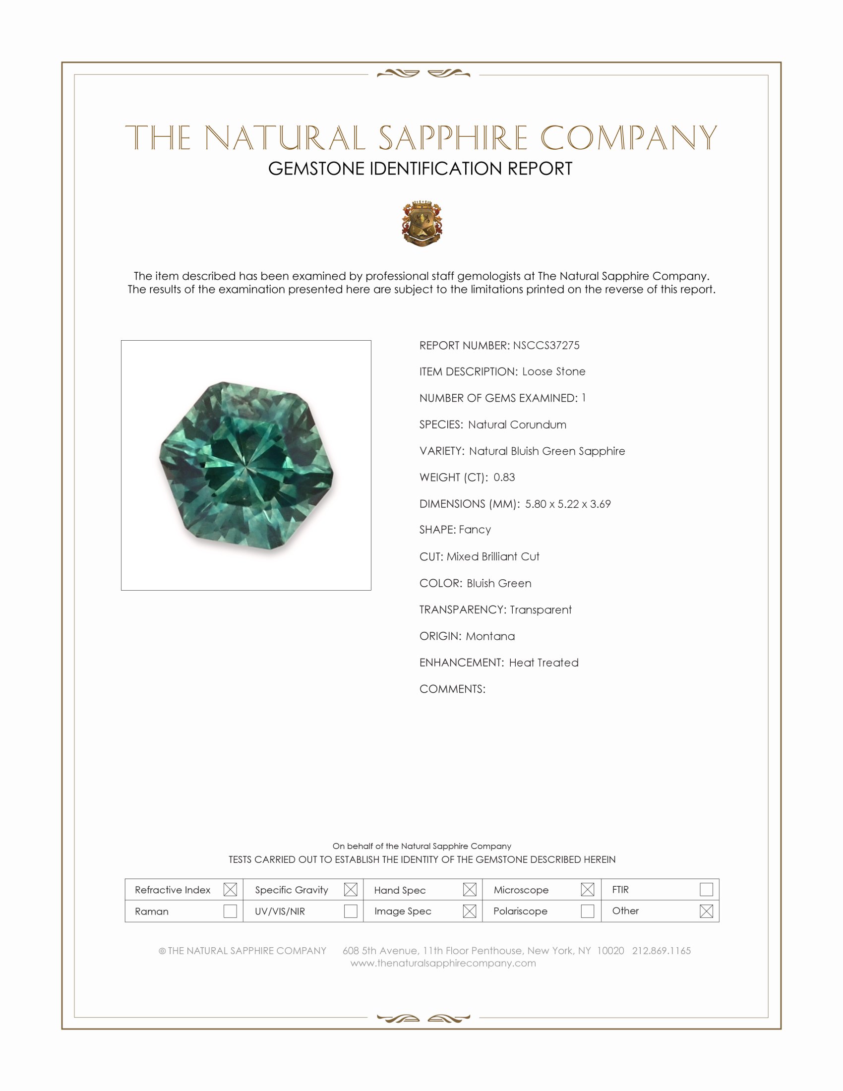 0.83 Ct. Bluish Green Sapphire from Montana