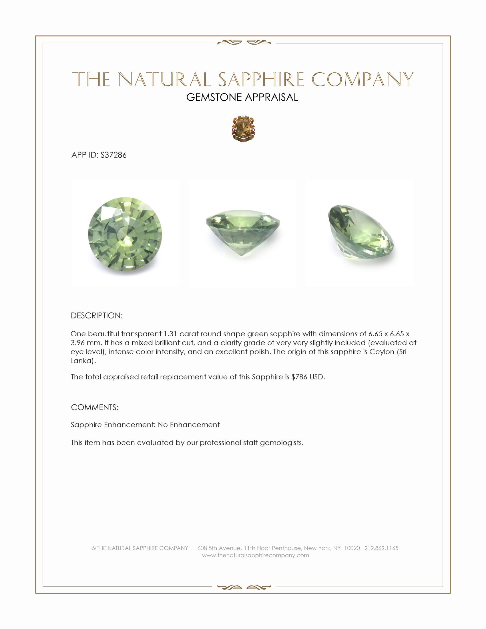 1.31 Ct. Green Sapphire from Ceylon (Sri Lanka)
