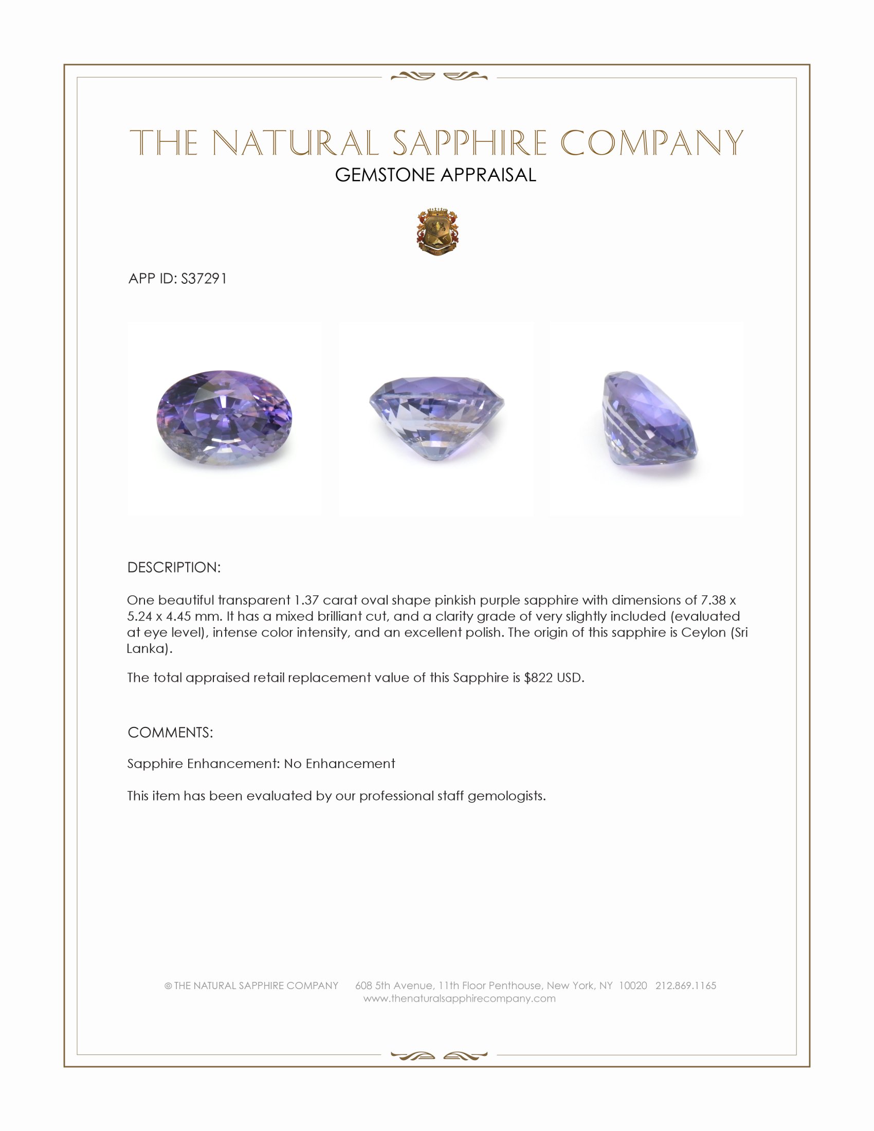 1.37 Ct. Pinkish Purple Sapphire from Ceylon (Sri Lanka)