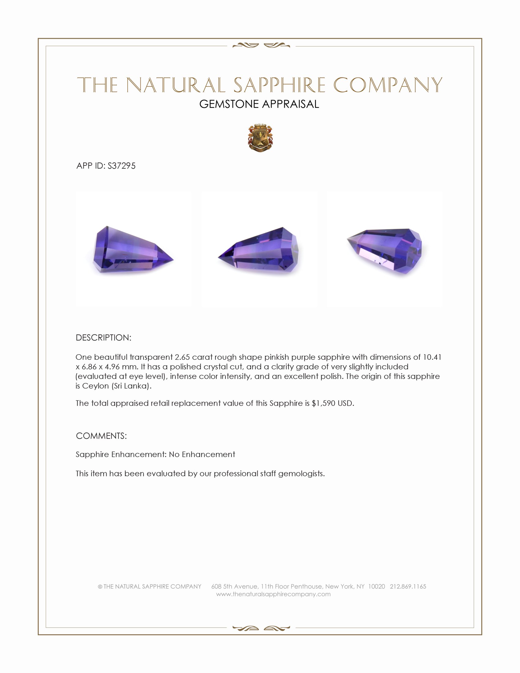 2.65 Ct. Pinkish Purple Rough Sapphire Crystal from Ceylon (Sri Lanka)