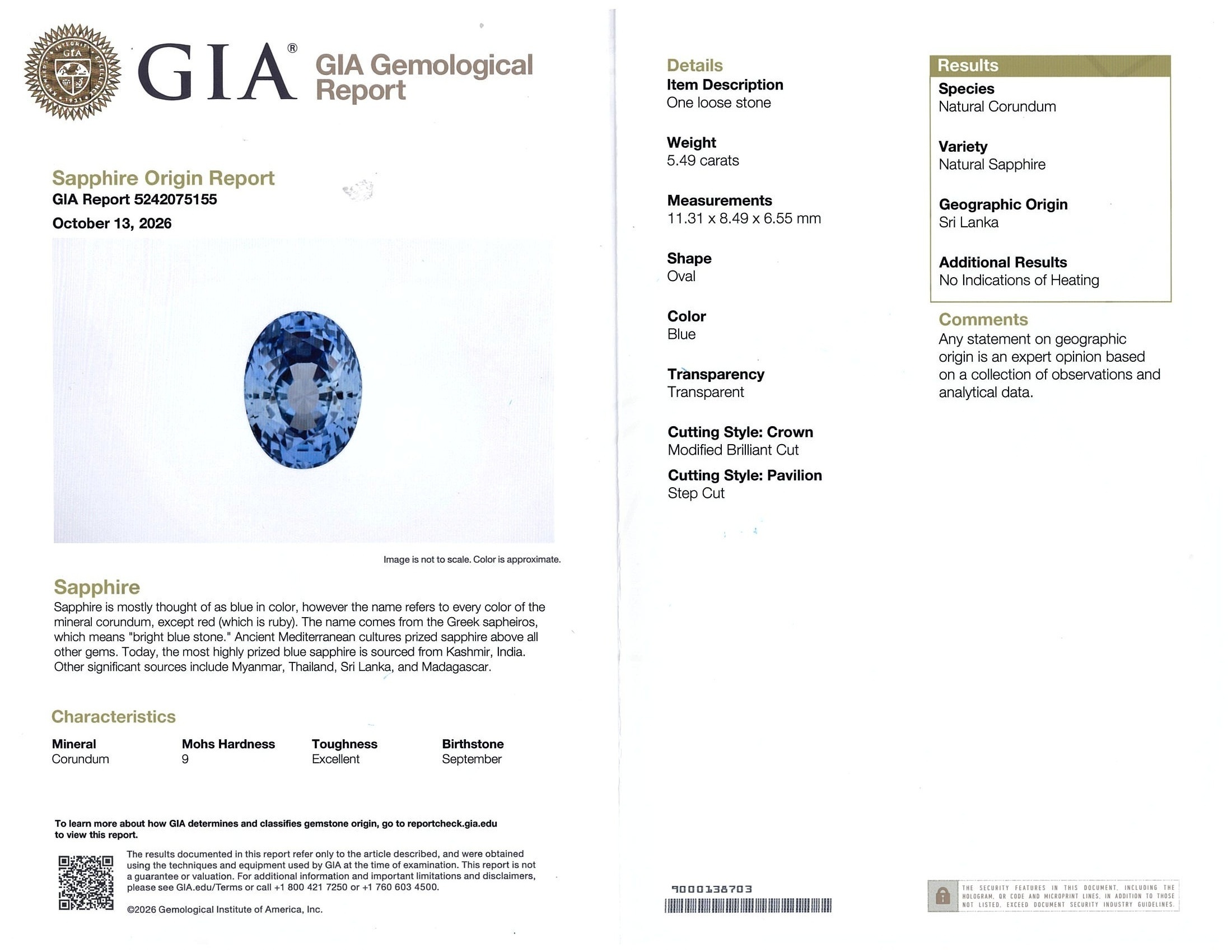 5.48 Ct. Blue Sapphire from Ceylon (Sri Lanka)