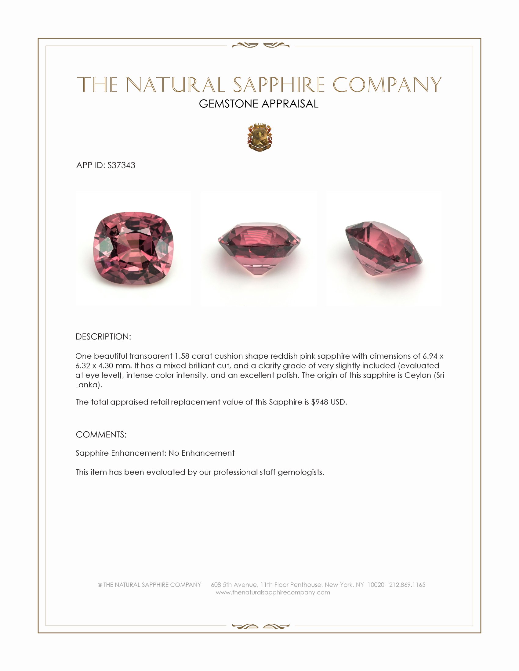 1.58 Ct. Reddish Pink Sapphire from Ceylon (Sri Lanka)
