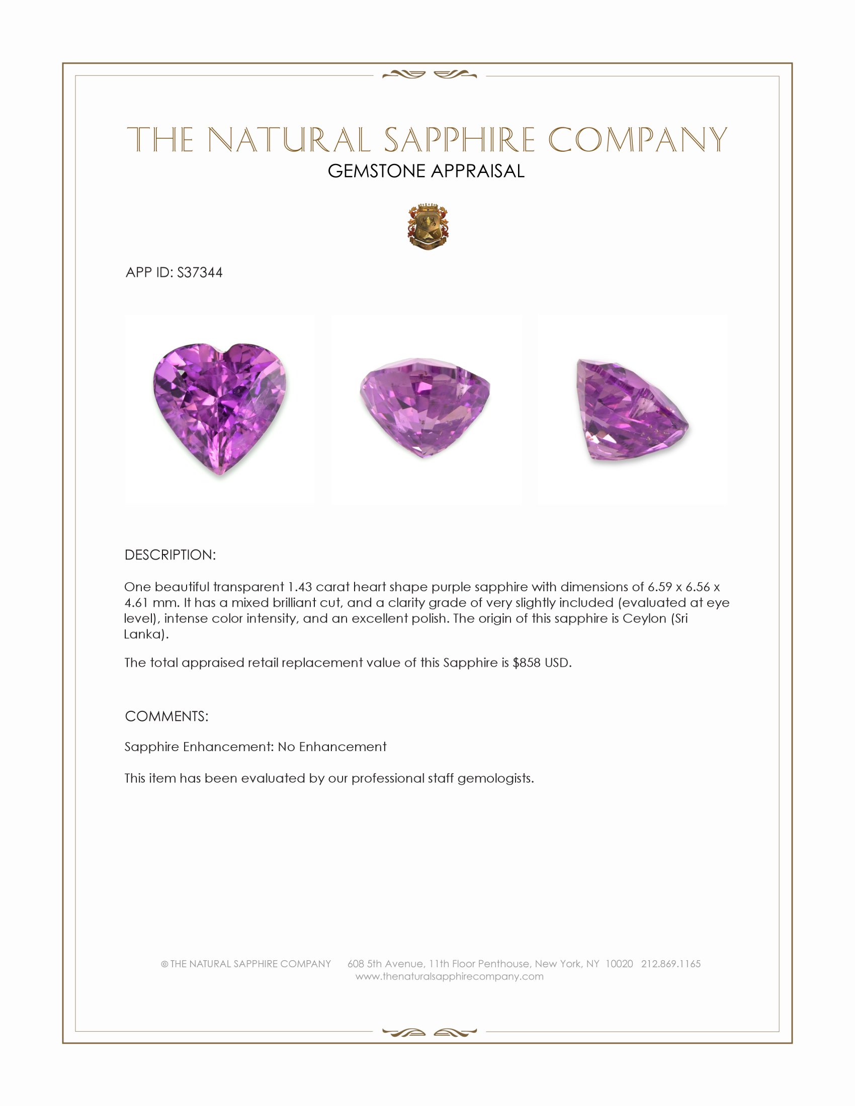 1.43 Ct. Purple Sapphire from Ceylon (Sri Lanka)
