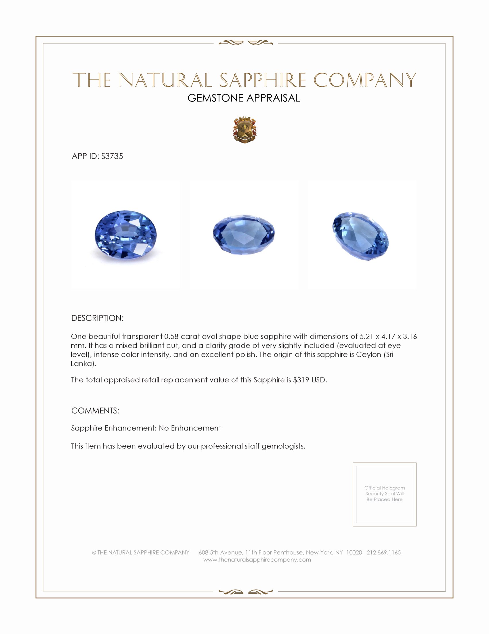 0.58 Ct. Blue Sapphire from Ceylon (Sri Lanka)