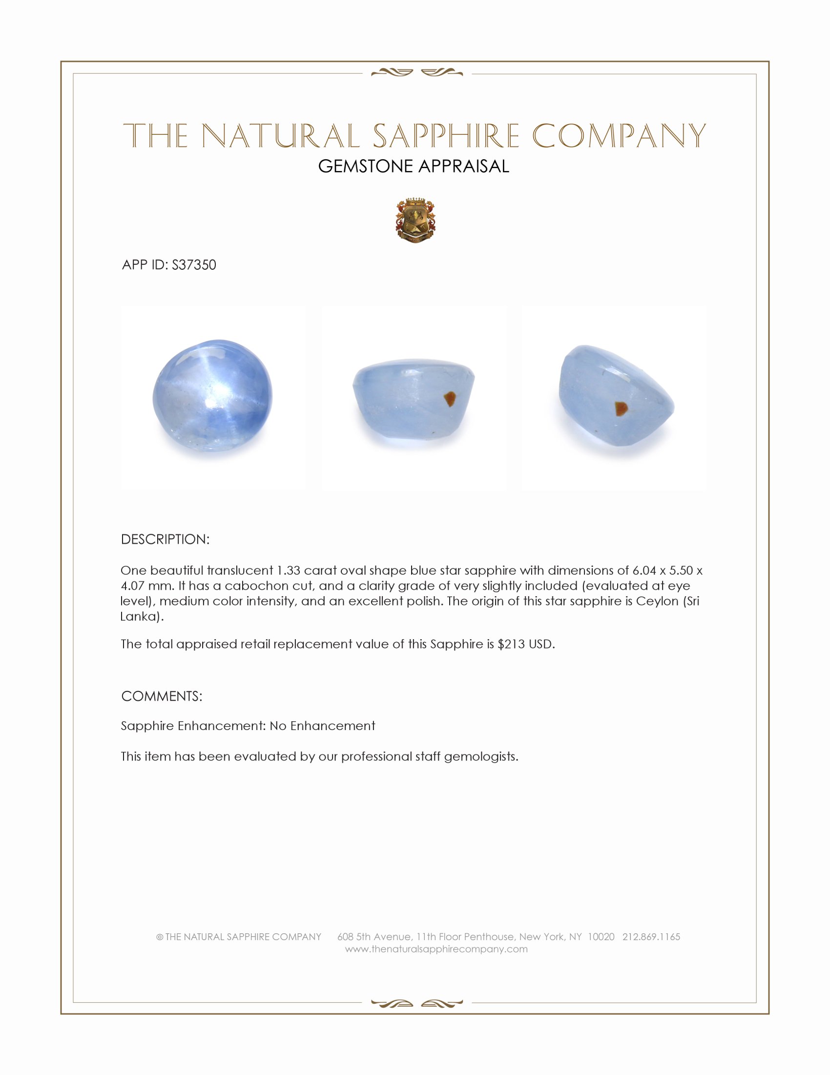 1.33 Ct. Blue Star Sapphire from Ceylon (Sri Lanka)