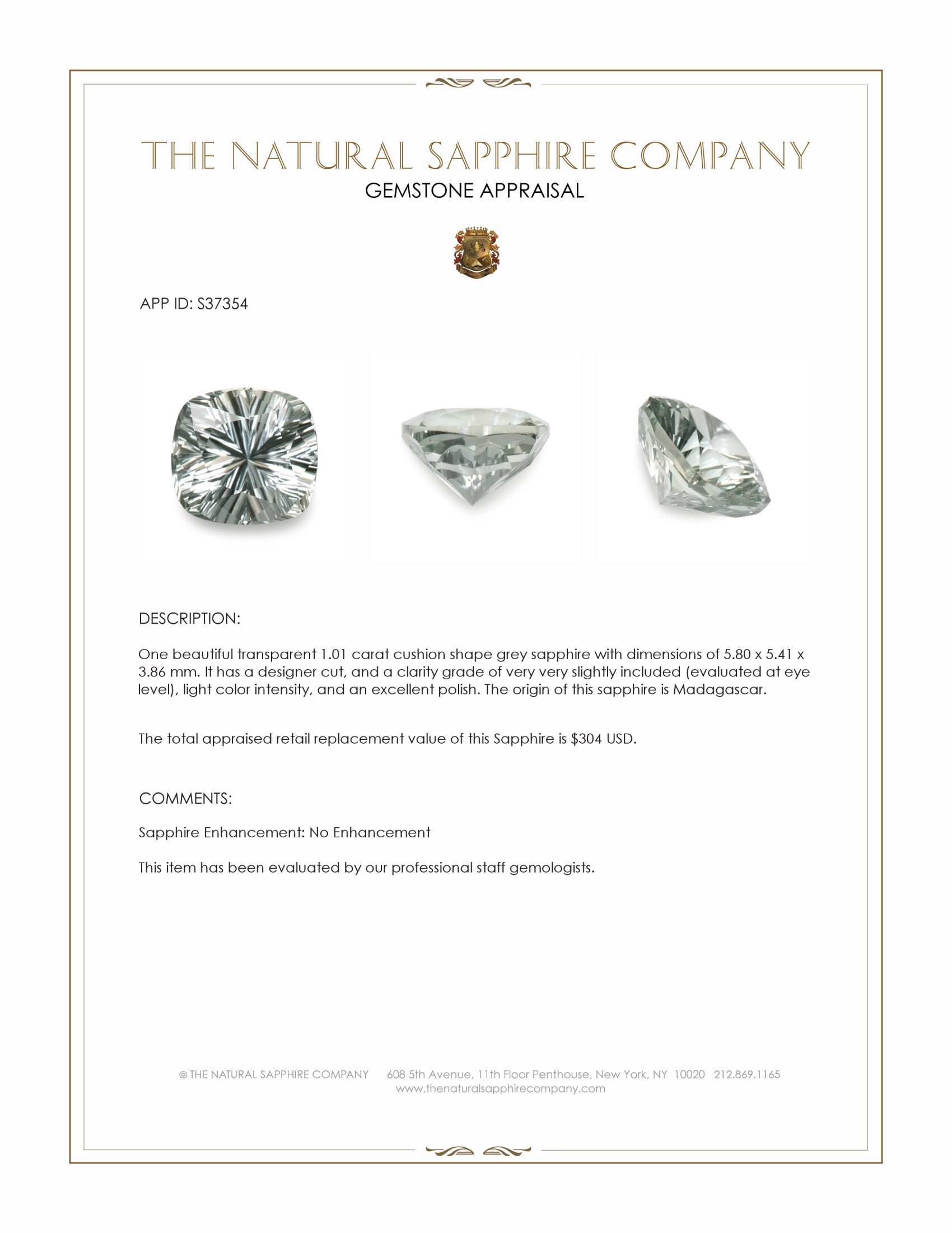 1.01 Ct. Grey Sapphire from Madagascar