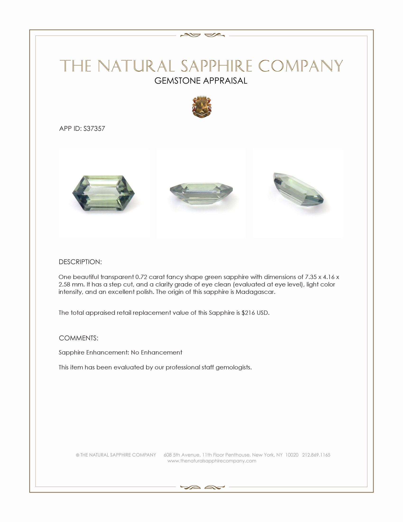 0.72 Ct. Green Sapphire from Madagascar