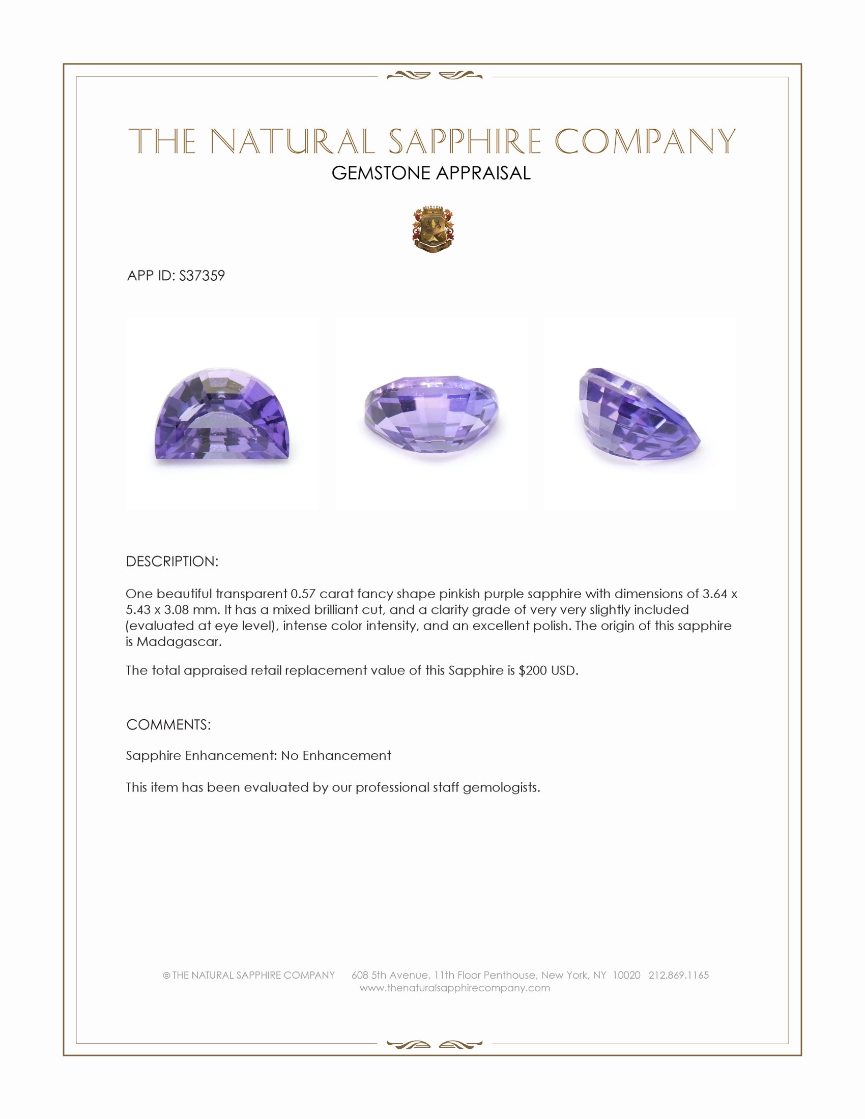 0.57 Ct. Pinkish Purple Sapphire from Madagascar