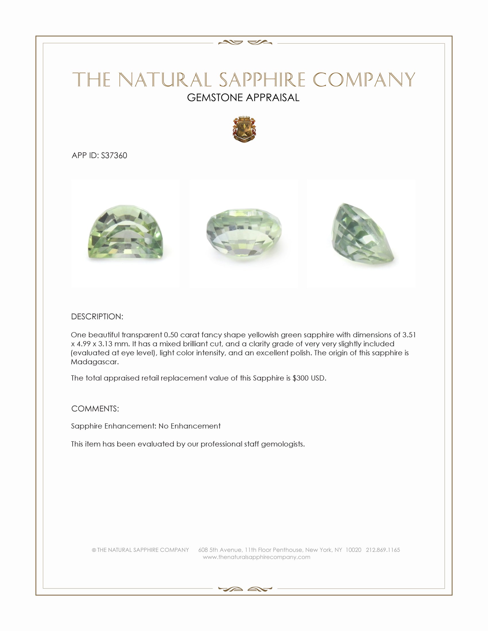 0.50 Ct. Yellowish Green Sapphire from Madagascar