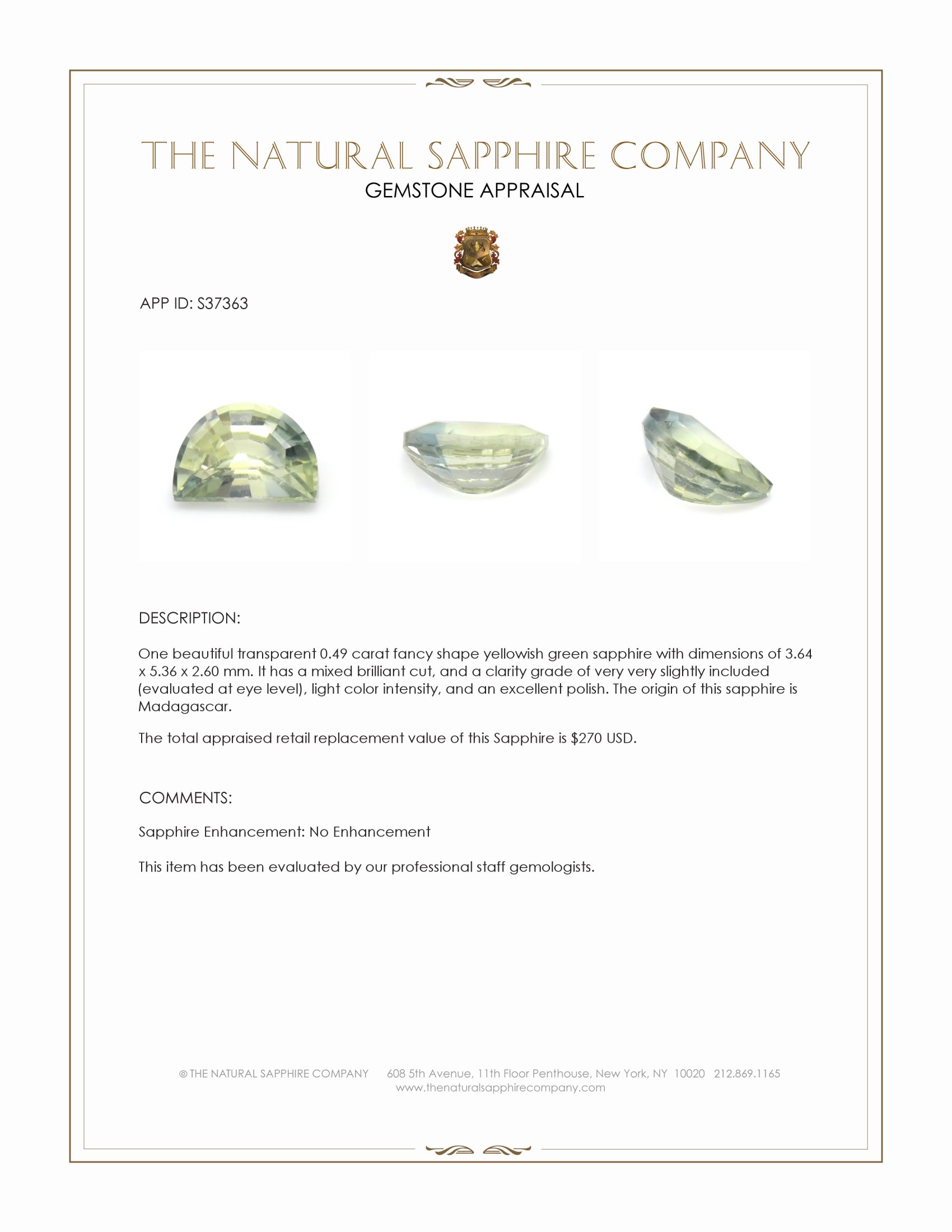 0.49 Ct. Yellowish Green Sapphire from Madagascar