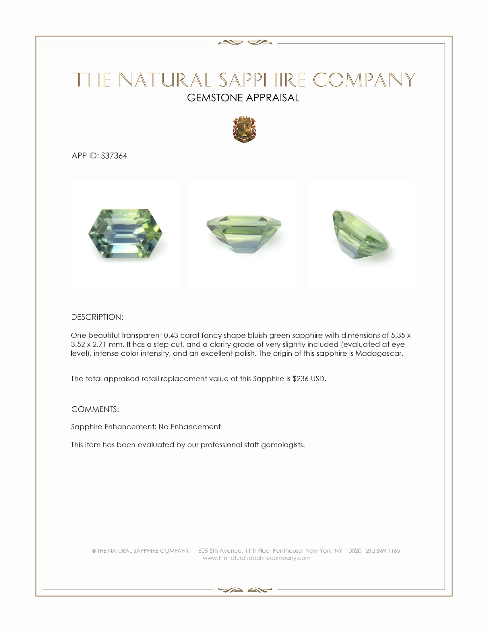 0.43 Ct. Bluish Green Sapphire from Madagascar