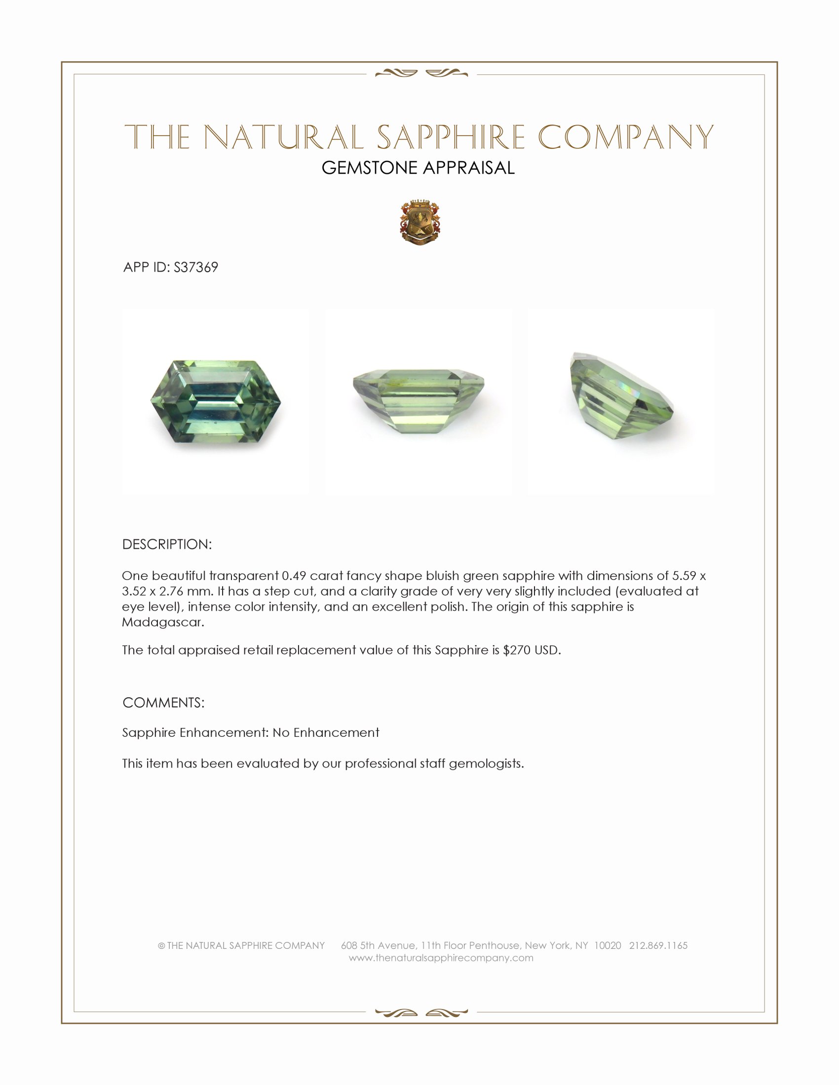 0.49 Ct. Bluish Green Sapphire from Madagascar