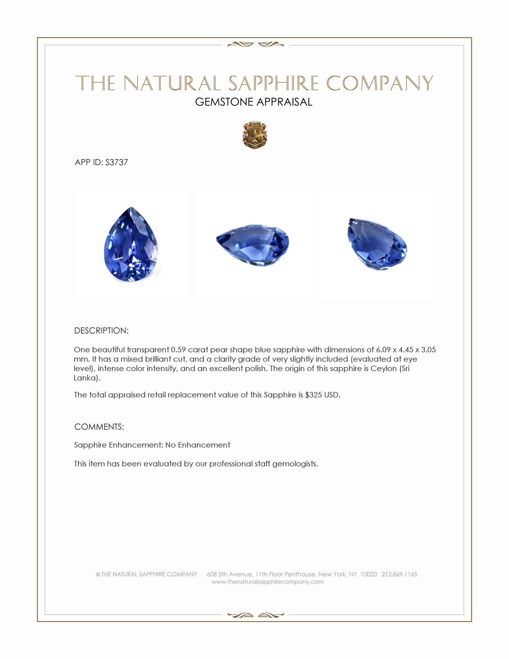 0.59 Ct. Blue Sapphire from Ceylon (Sri Lanka)