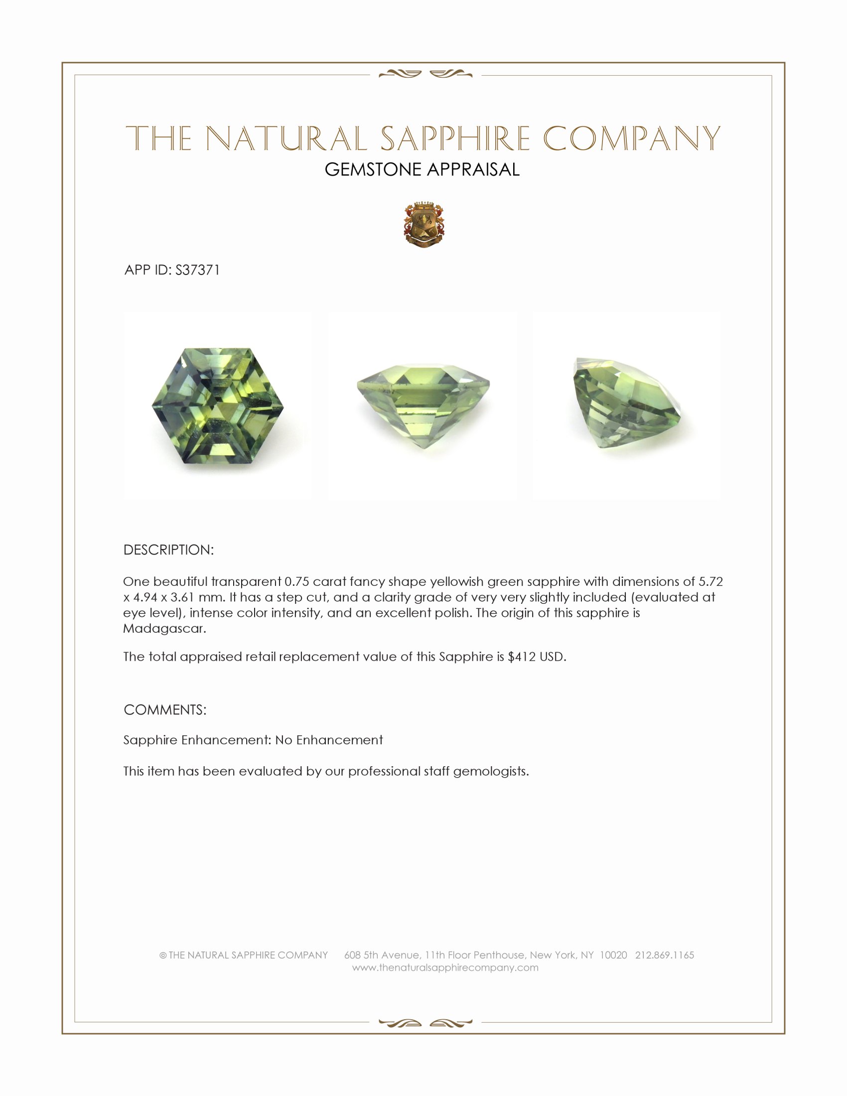 0.75 Ct. Yellowish Green Sapphire from Madagascar