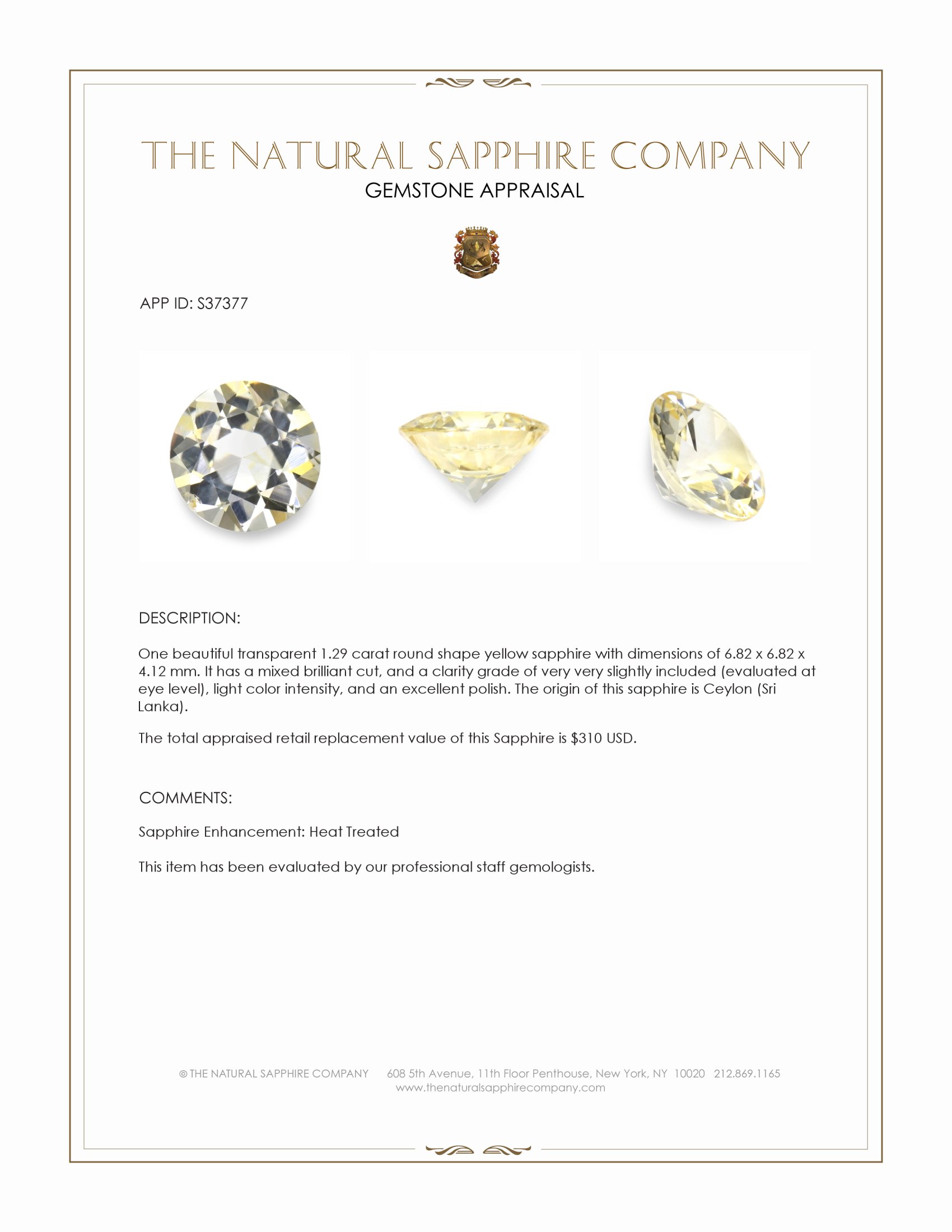 1.29 Ct. Yellow Sapphire from Ceylon (Sri Lanka)