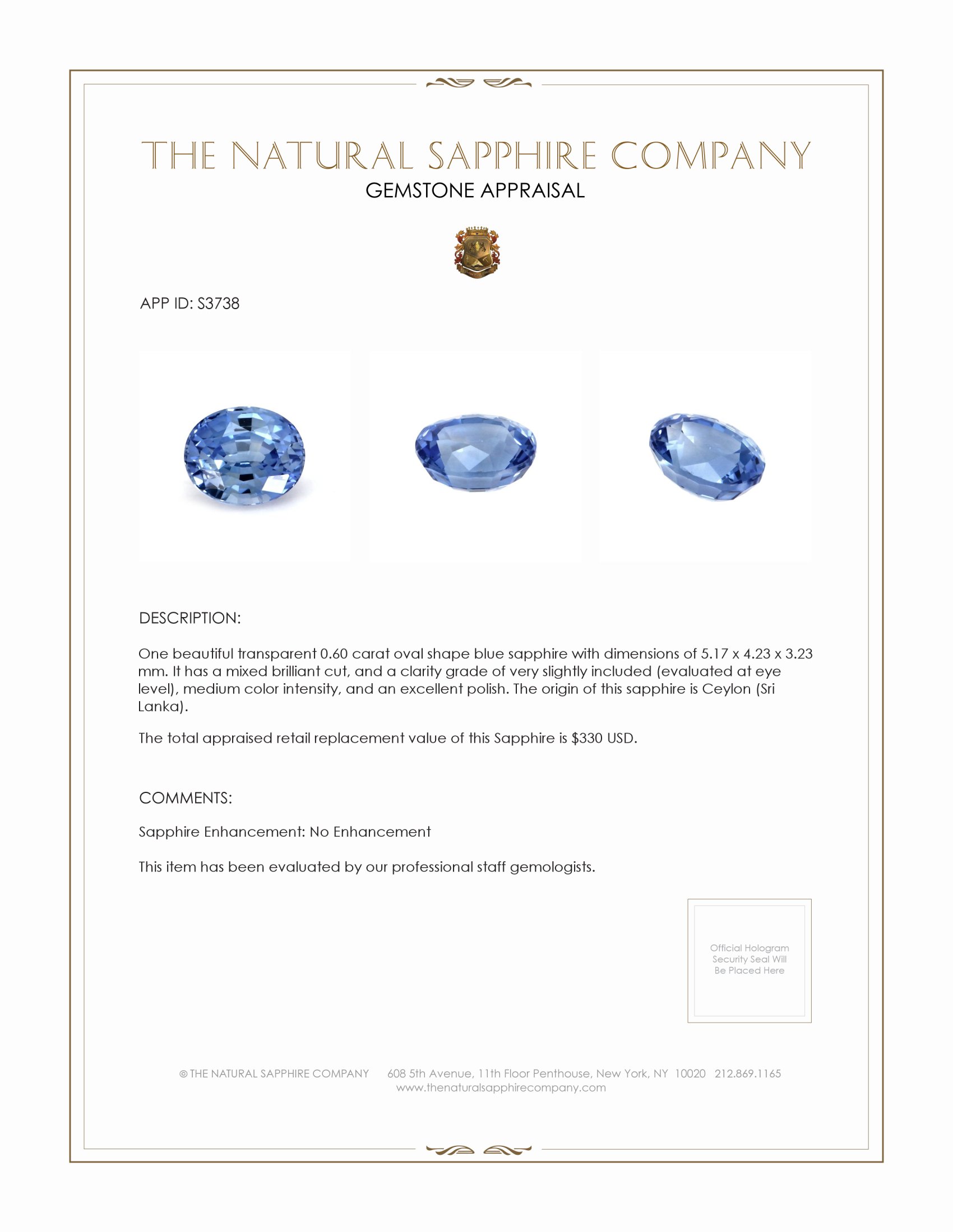 0.60 Ct. Blue Sapphire from Ceylon (Sri Lanka)