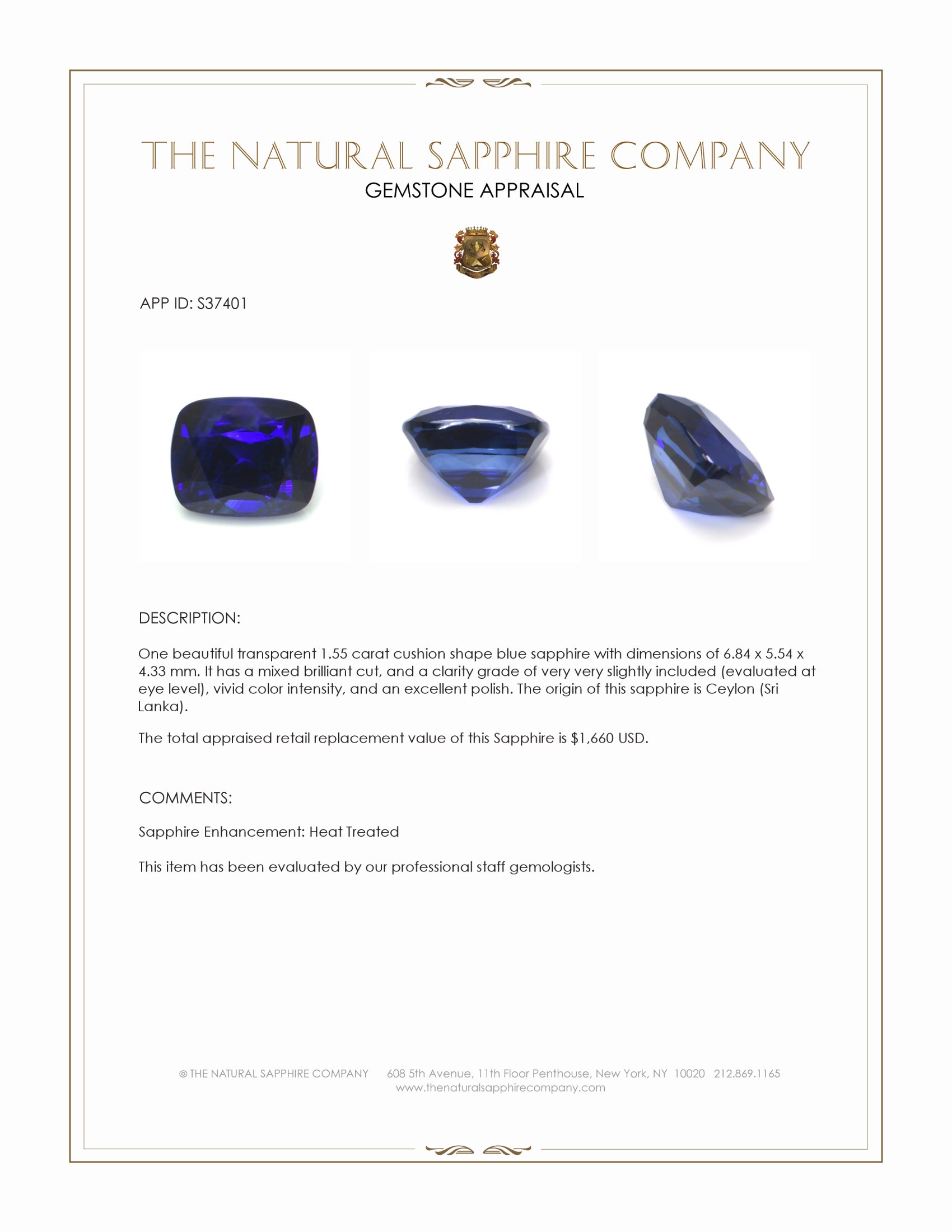 1.55 Ct. Blue Sapphire from Ceylon (Sri Lanka)