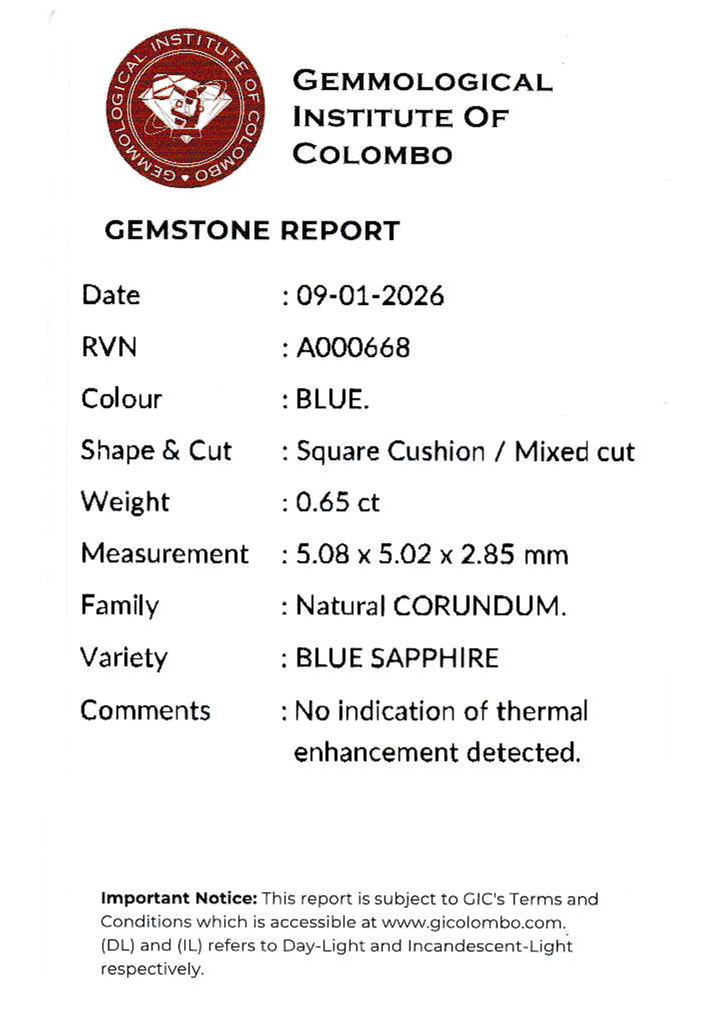 0.65 Ct. Blue Sapphire from Ceylon (Sri Lanka)