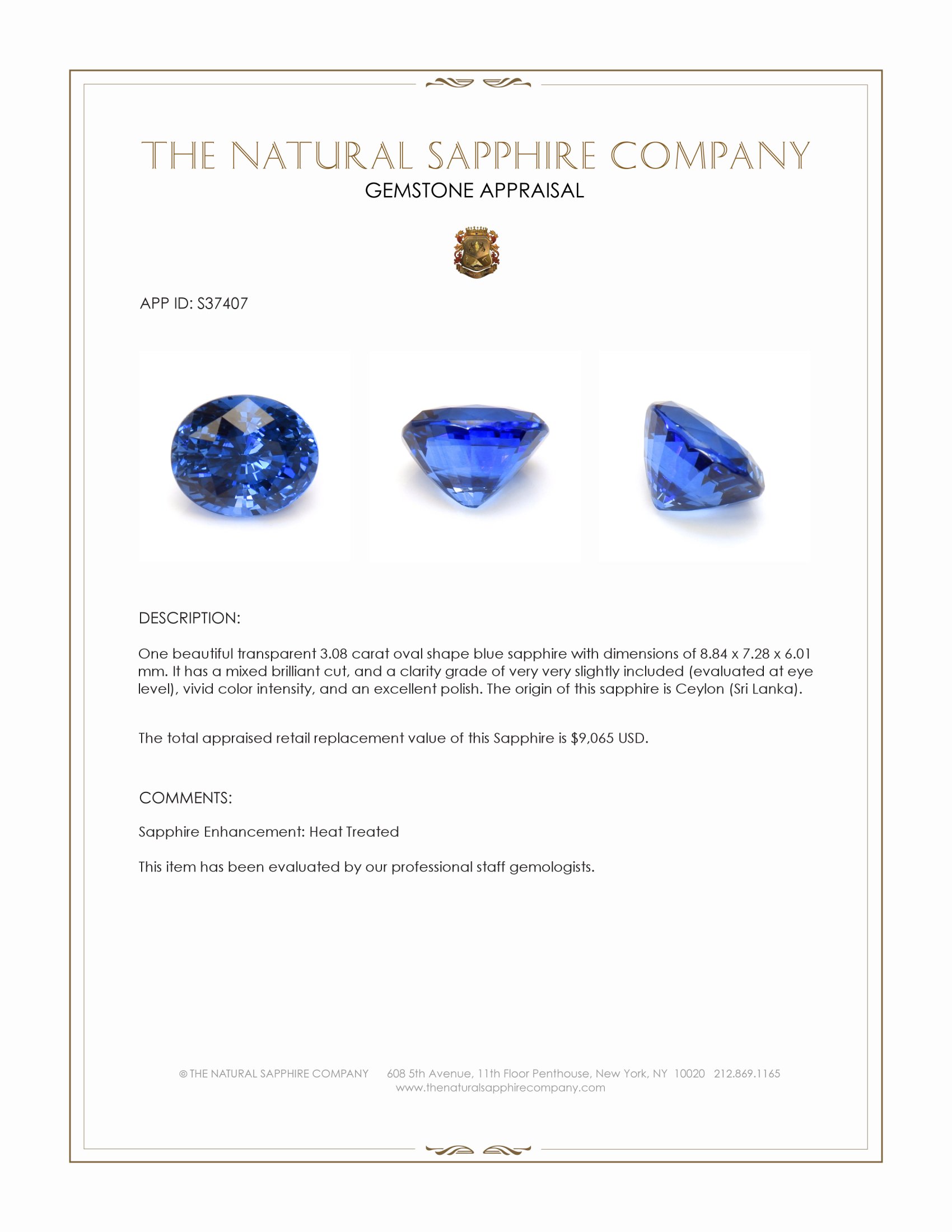 3.08 Ct. Blue Sapphire from Ceylon (Sri Lanka)