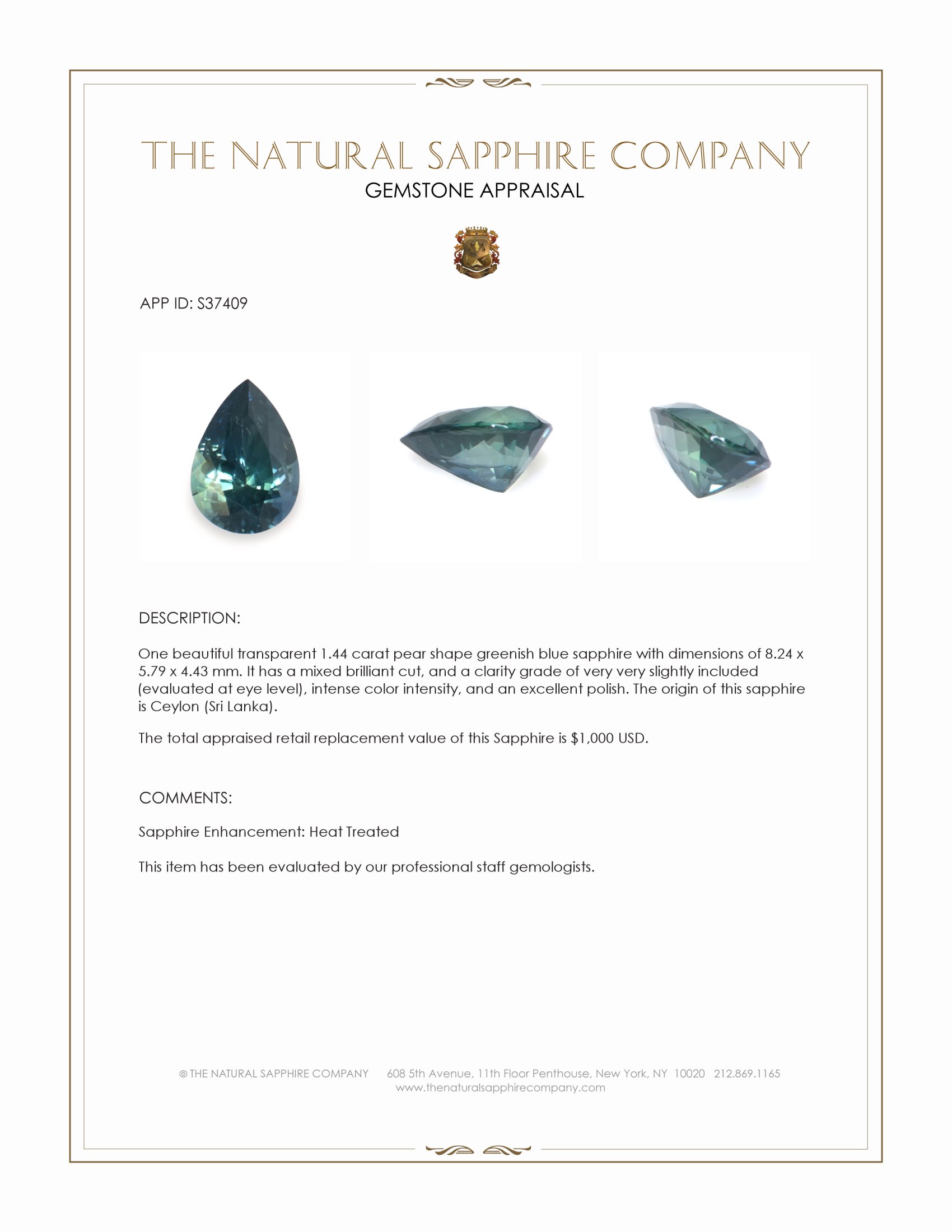 1.44 Ct. Greenish Blue Sapphire from Ceylon (Sri Lanka)