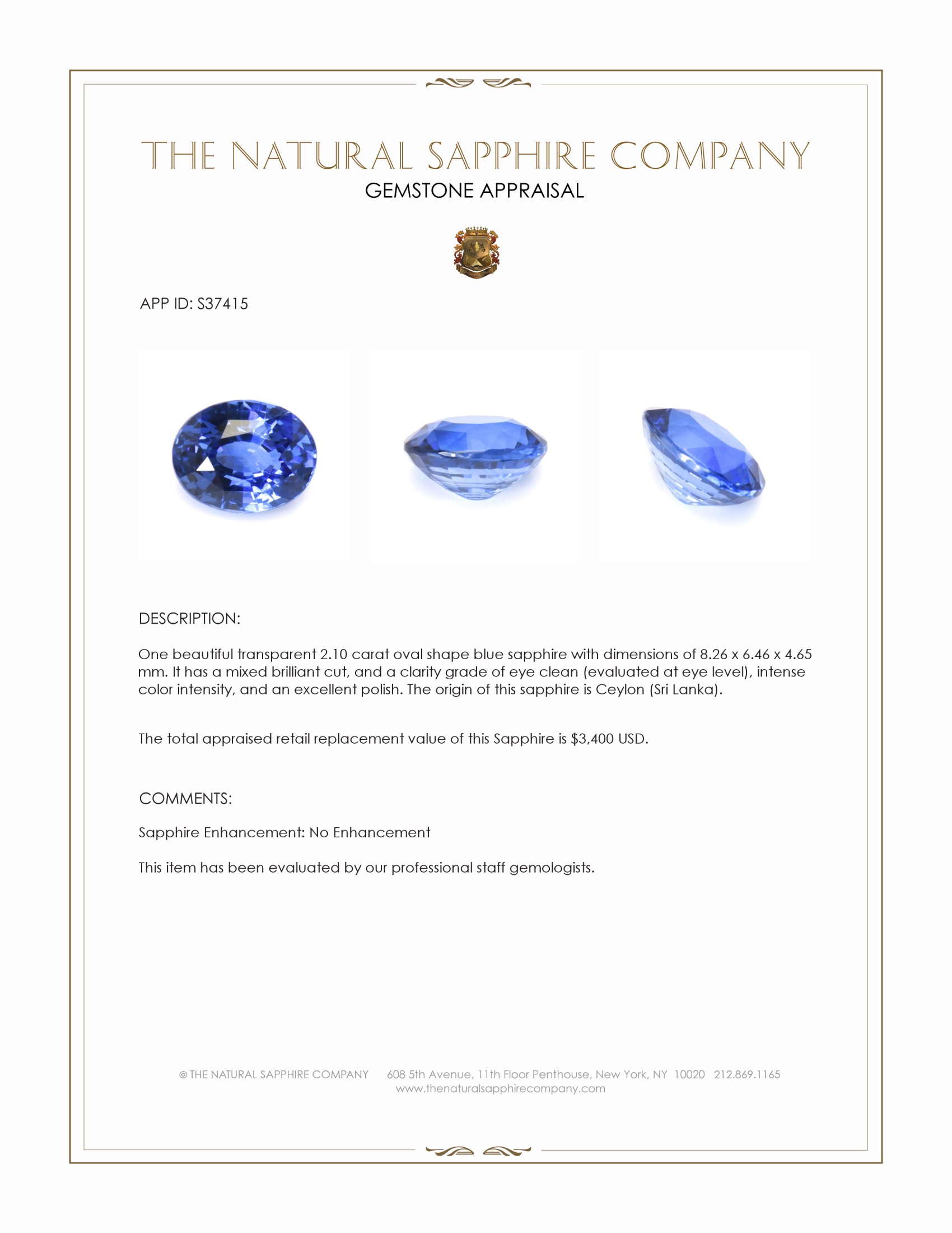 2.10 Ct. Blue Sapphire from Ceylon (Sri Lanka)