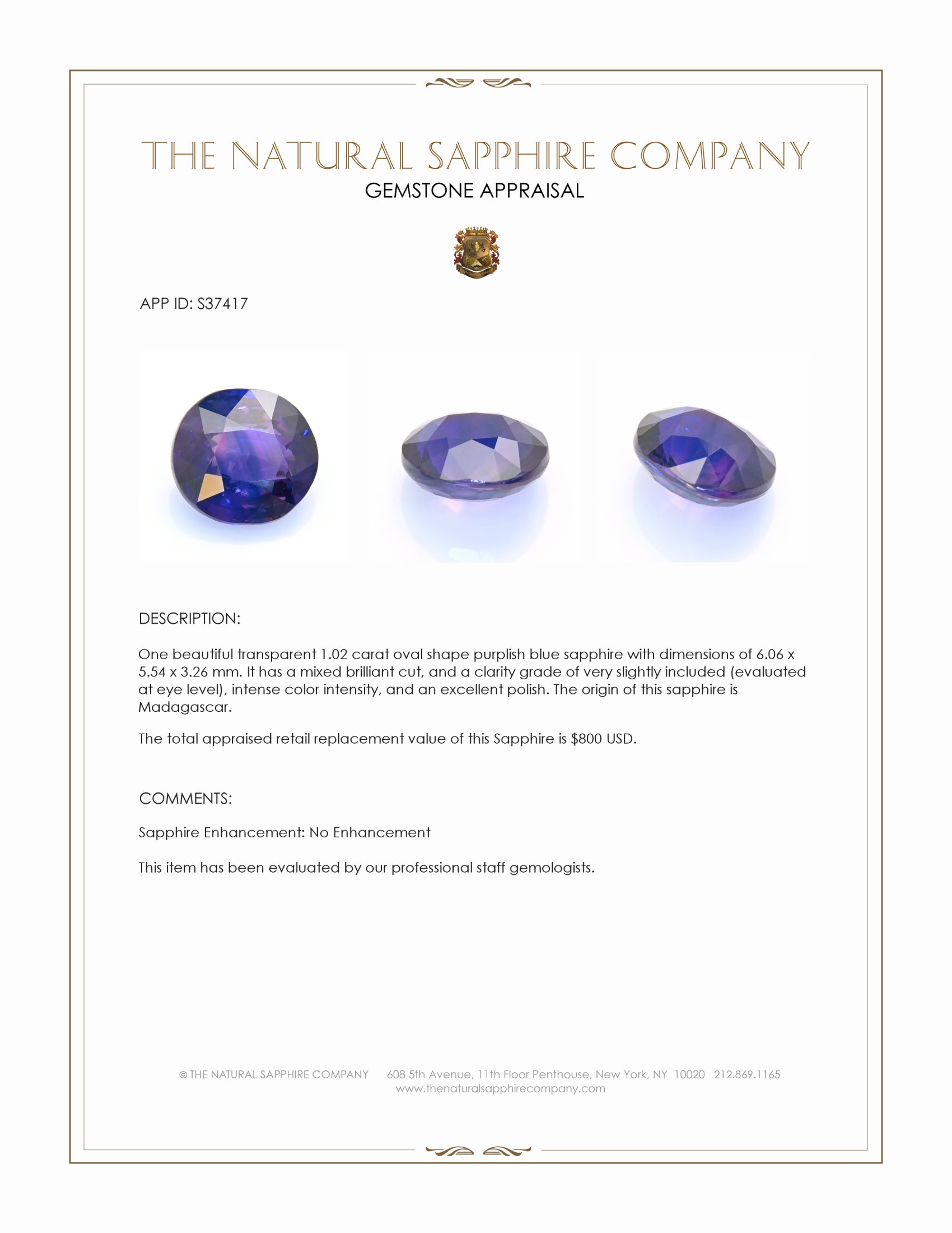 1.02 Ct. Purplish Blue Sapphire from Madagascar