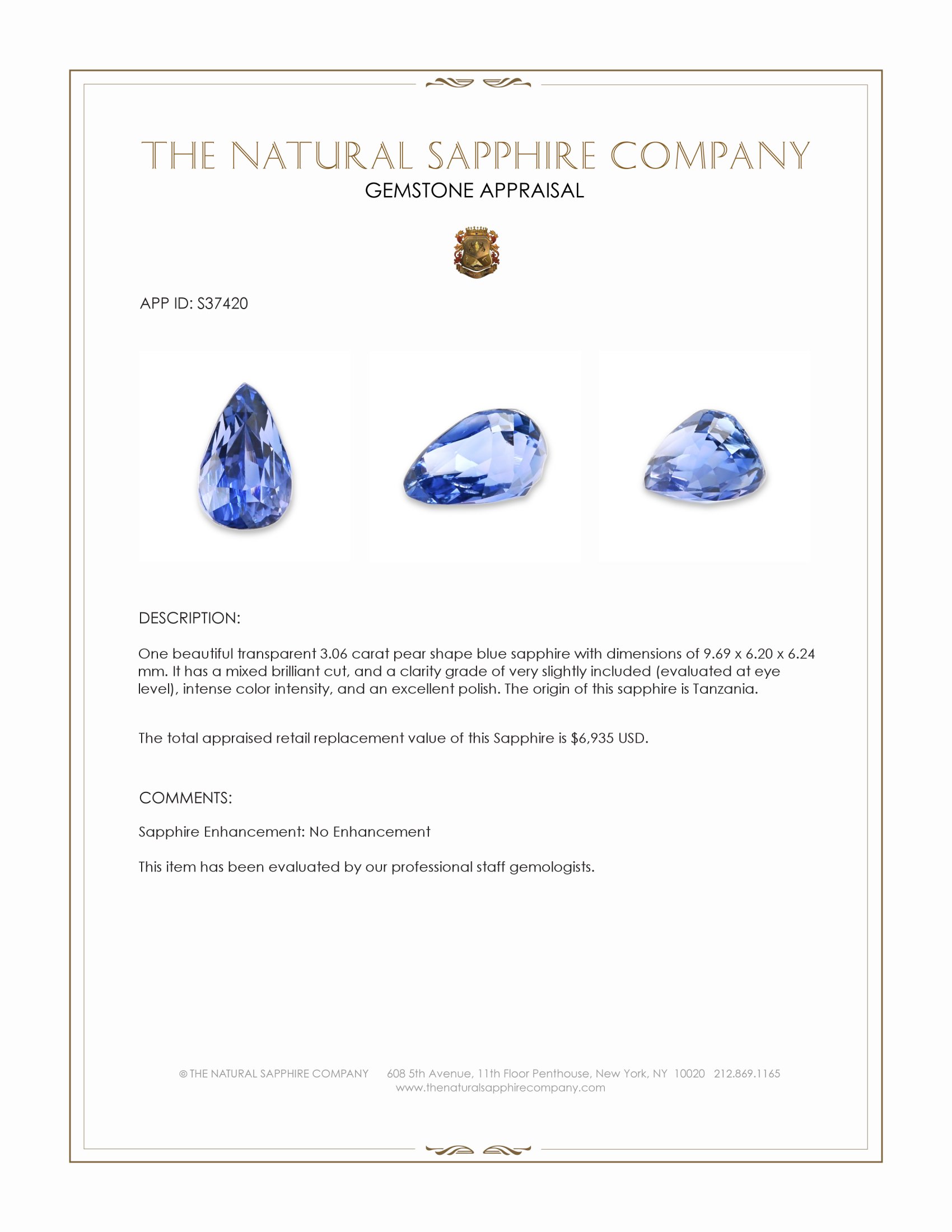 3.06 Ct. Blue Sapphire from Tanzania