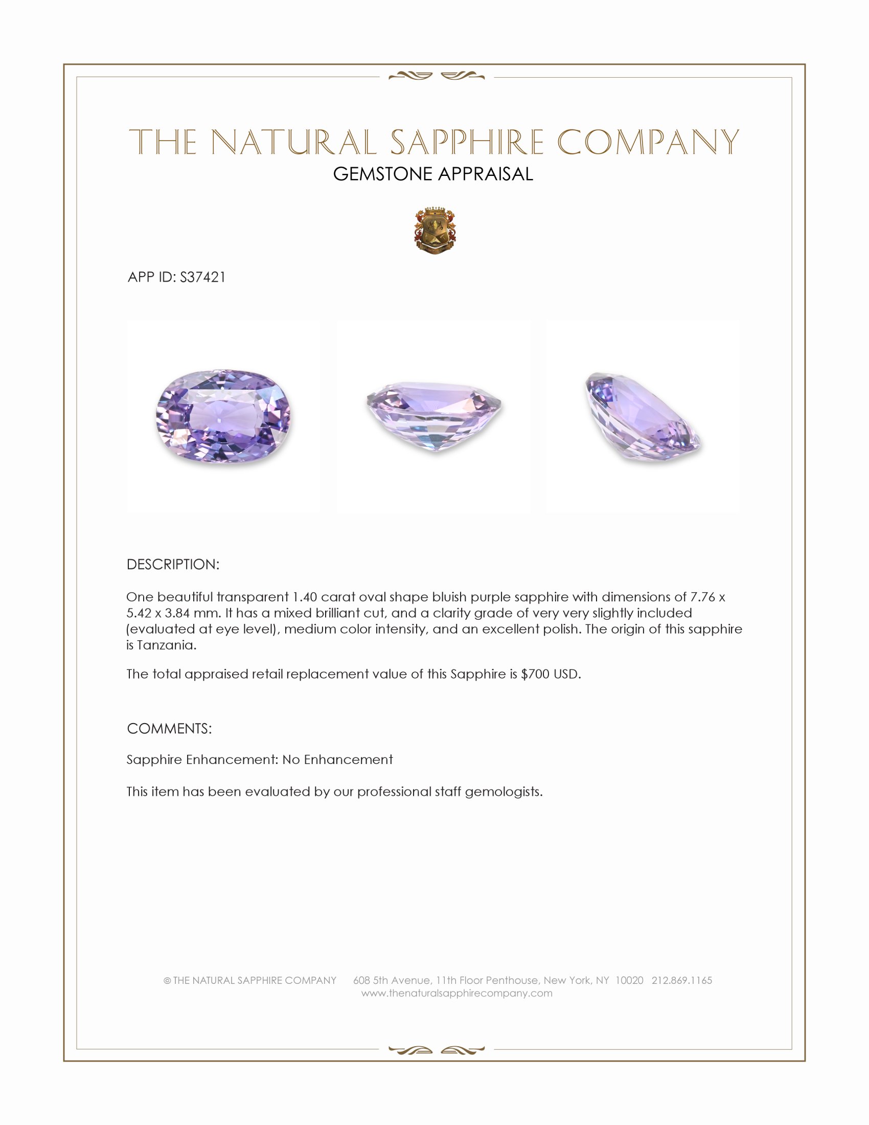 1.40 Ct. Bluish Purple Sapphire from Tanzania