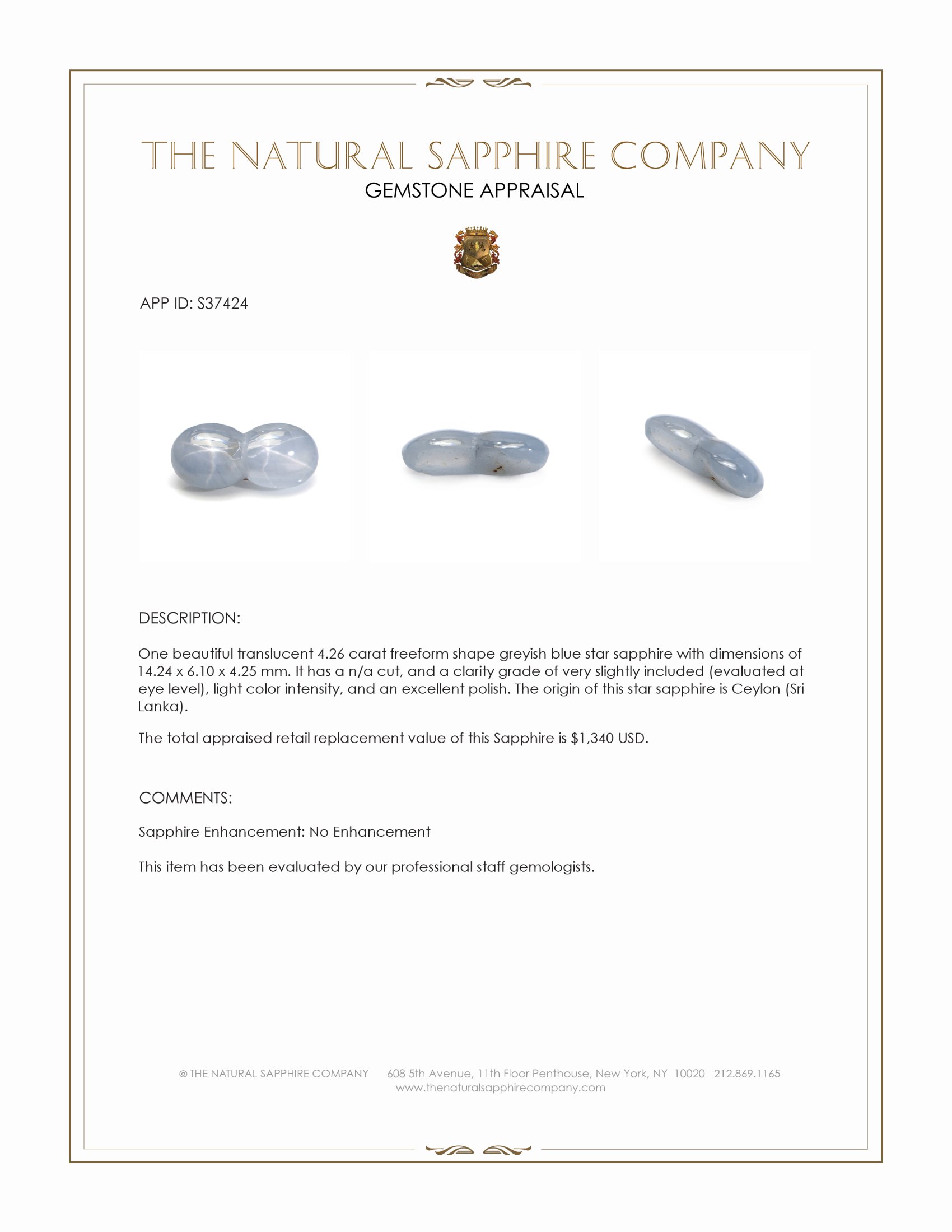 4.26 Ct. Greyish Blue Star Sapphire from Ceylon (Sri Lanka)