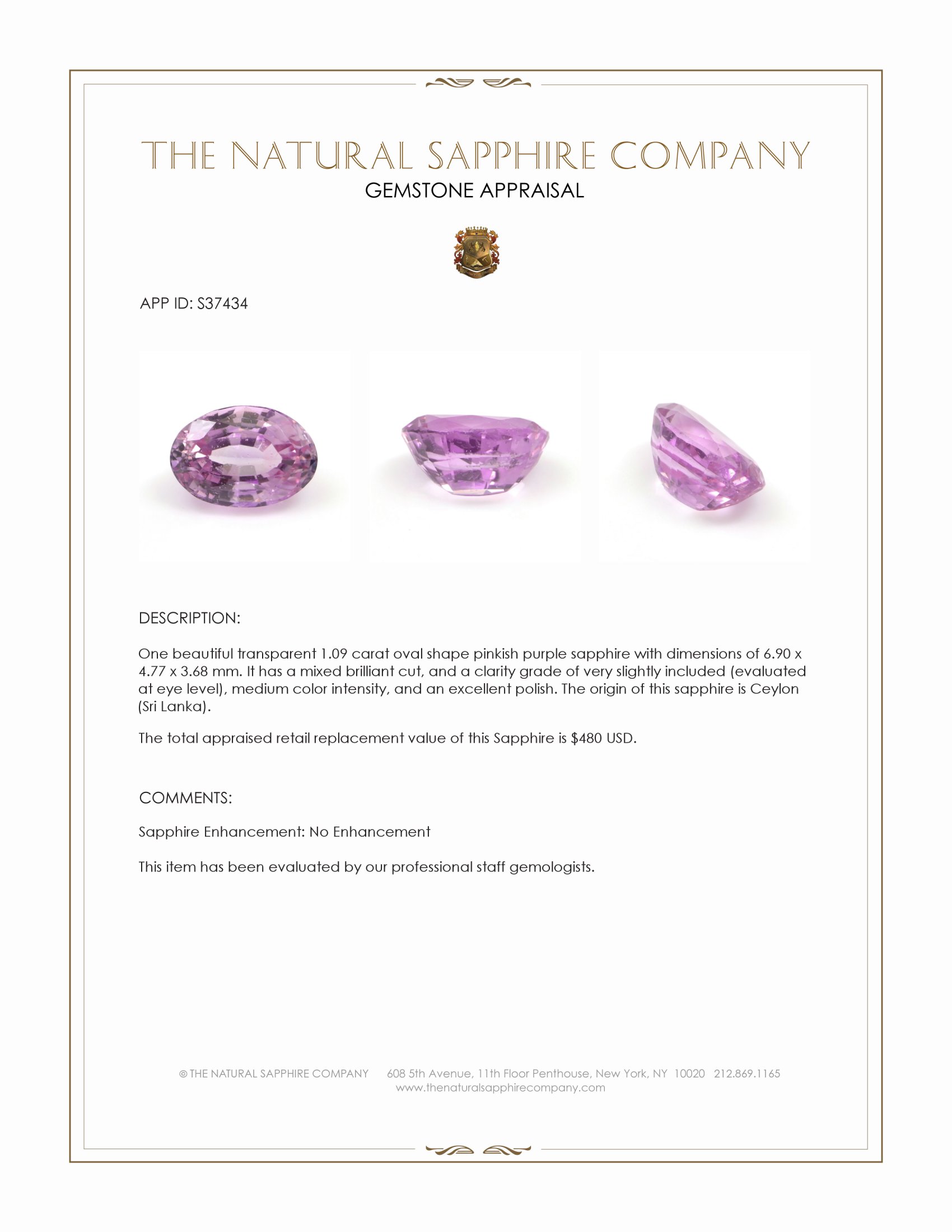 1.09 Ct. Pinkish Purple Sapphire from Ceylon (Sri Lanka)
