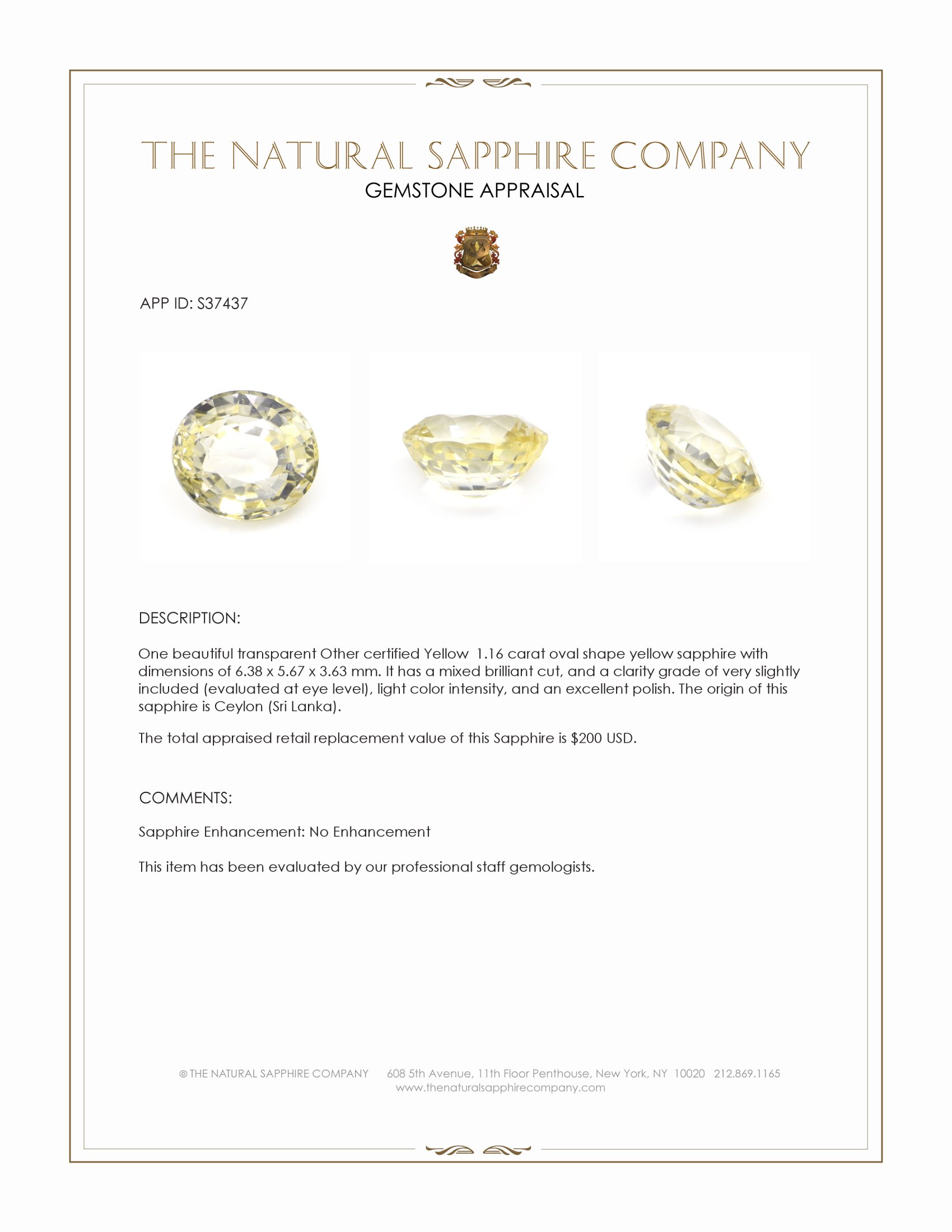 1.16 Ct. Yellow Sapphire from Ceylon (Sri Lanka)