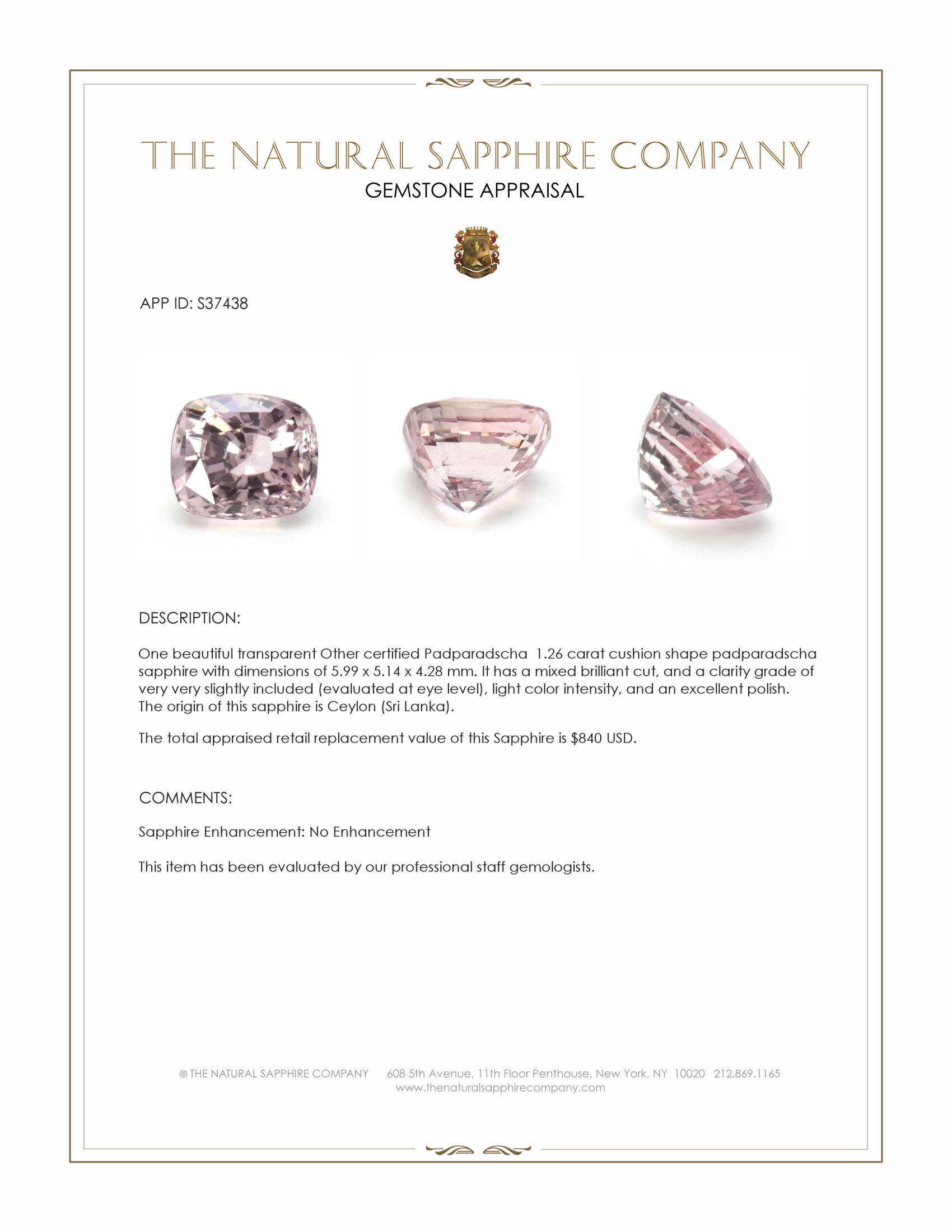 1.26 Ct. Padparadscha Sapphire from Ceylon (Sri Lanka)