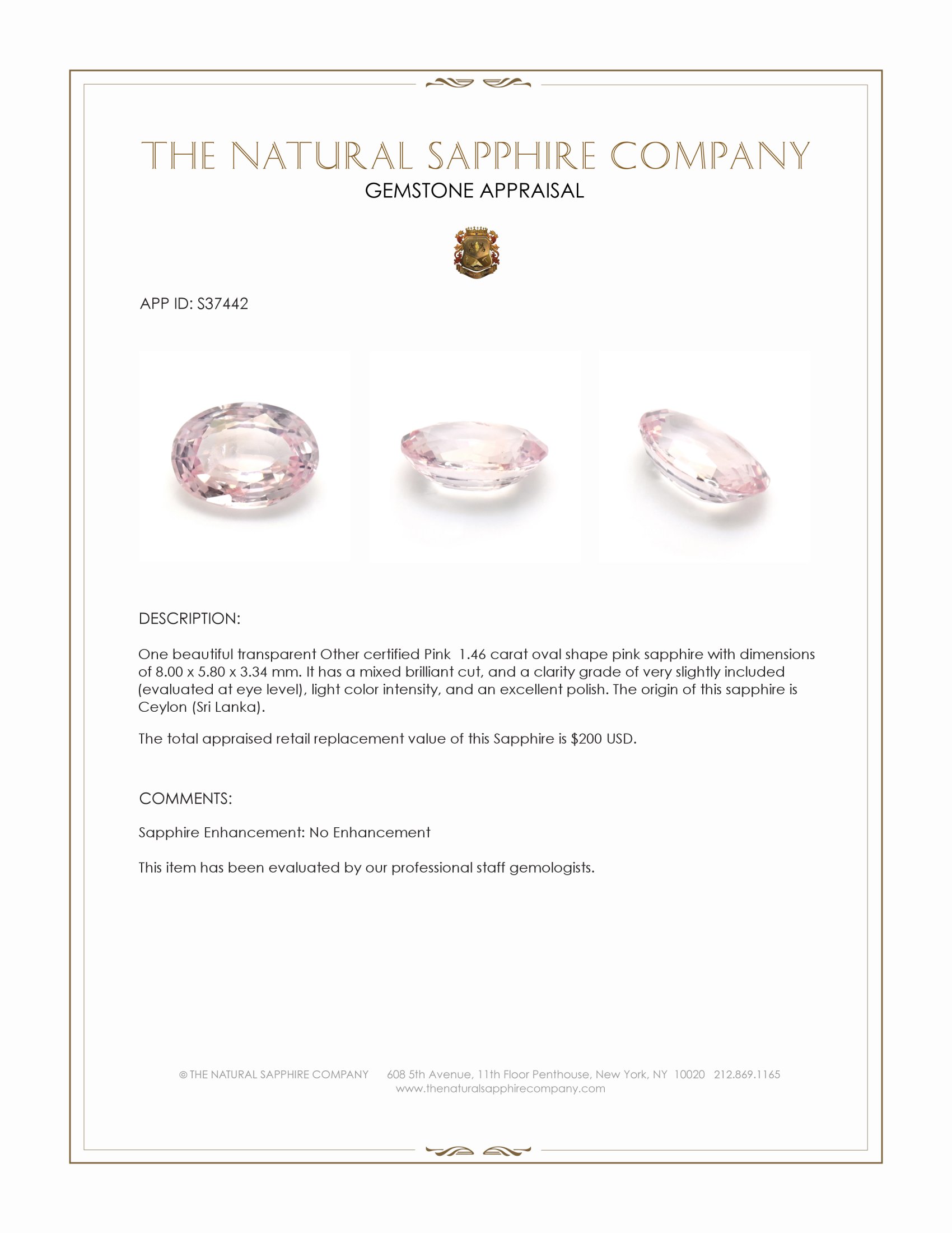 1.46 Ct. Pink Sapphire from Ceylon (Sri Lanka)