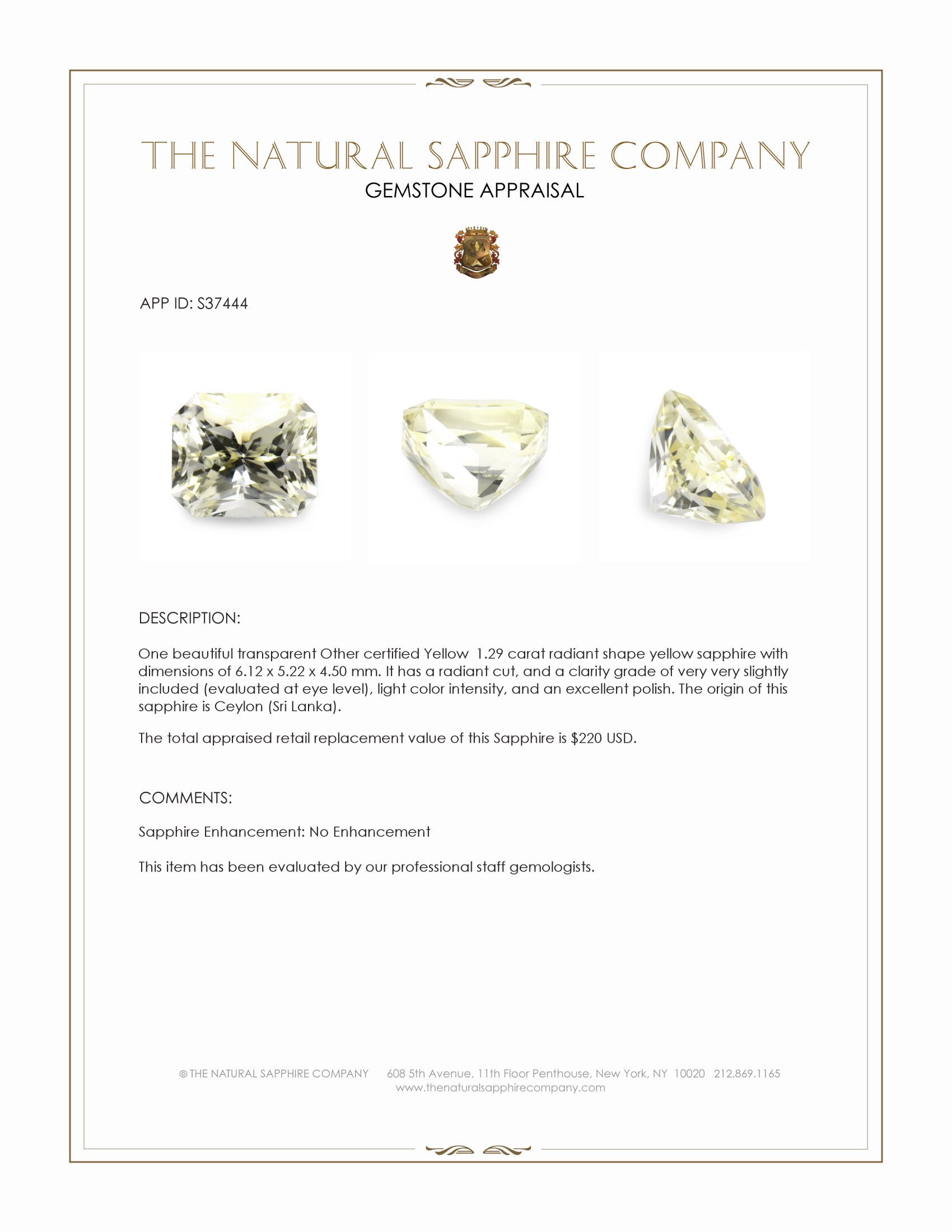 1.29 Ct. Yellow Sapphire from Ceylon (Sri Lanka)
