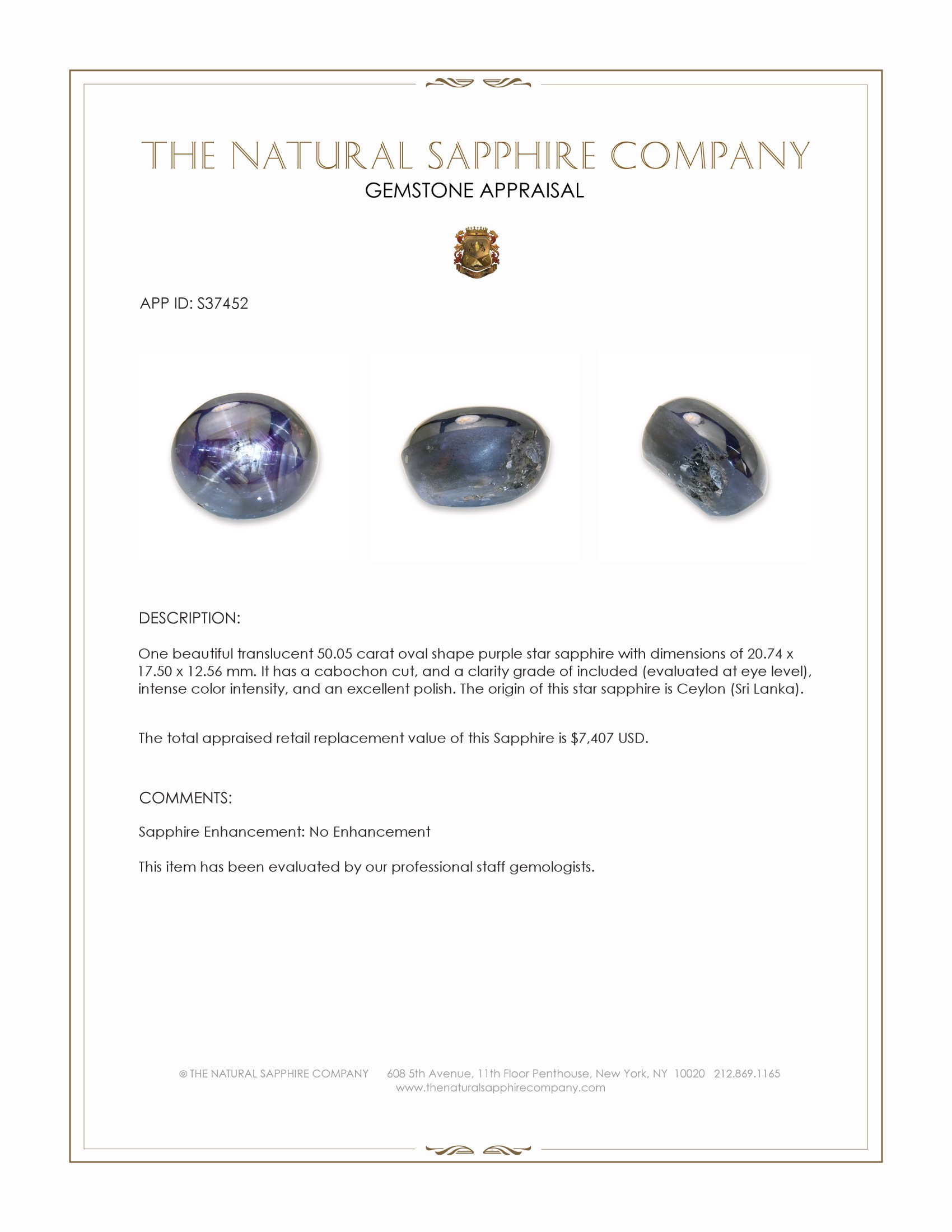50.05 Ct. Purple Star Sapphire from Ceylon (Sri Lanka)